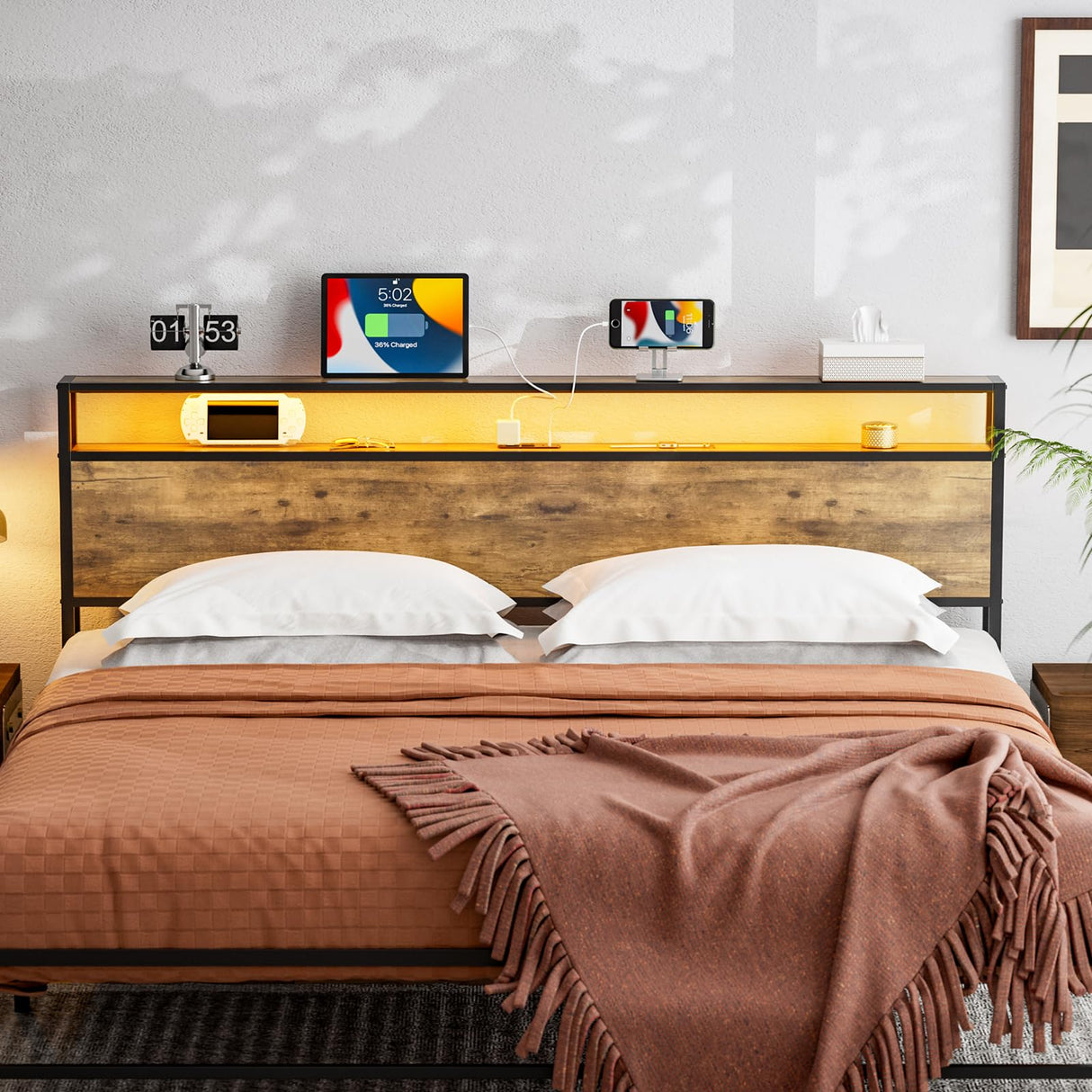 KZNGK King Size LED Headboard with Charging Station and Industrial Storage Design KZNGK