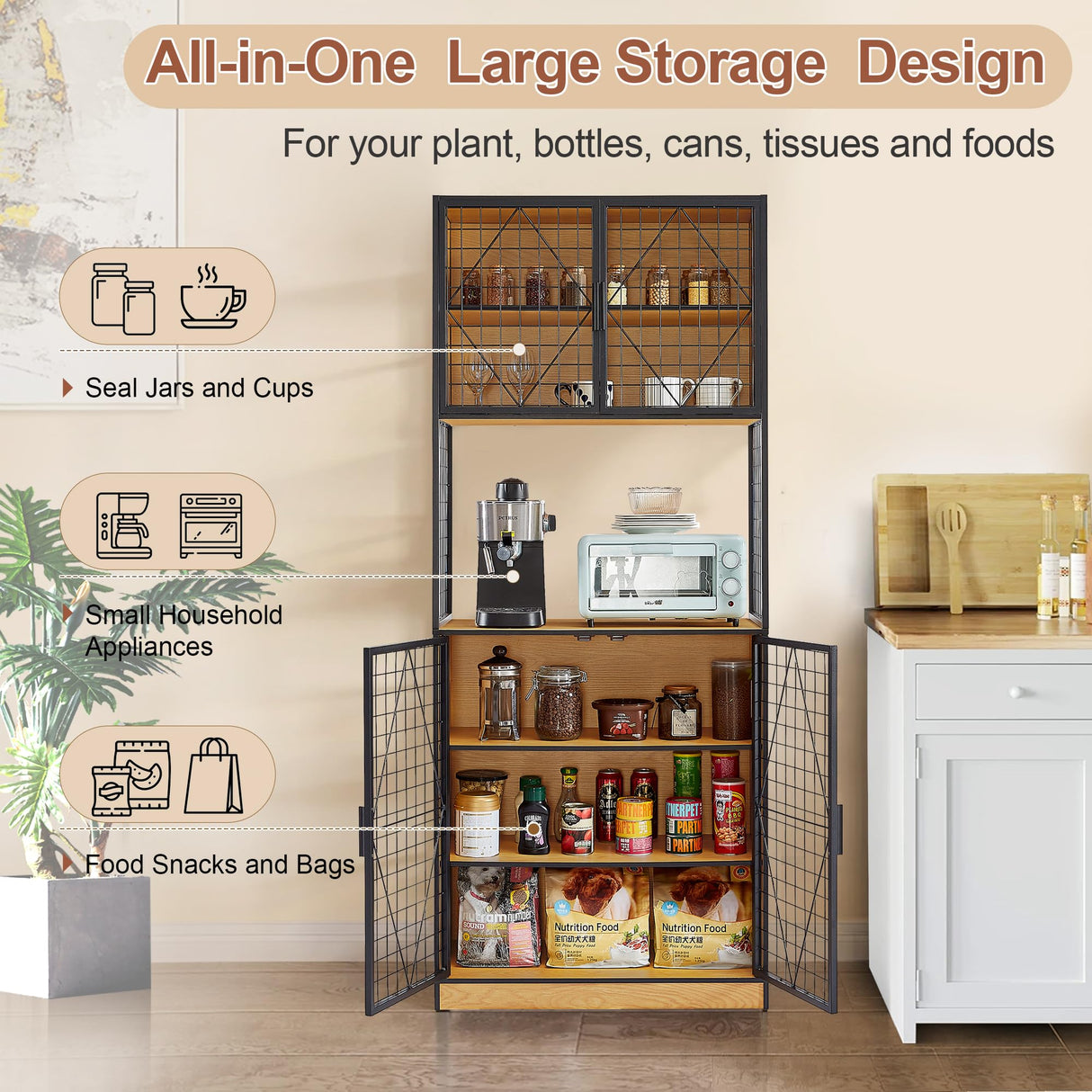 VECELO 72in Tall Kitchen Pantry Cabinet with Doors and Shelves, Large Freestanding Storage Cupboard with Countertop Hutch, Rustic Brown VECELO