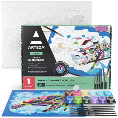 ARTEZA Paint by Number for Adults, 12x16 Inches, 21 Pieces, Turtle Paint by Numbers Kit, Comes with 1 Canvas Panel, 12 Acrylic Paint Pots, 5 Paintbrushes, Art Supplies for Home & Office Wall Decor