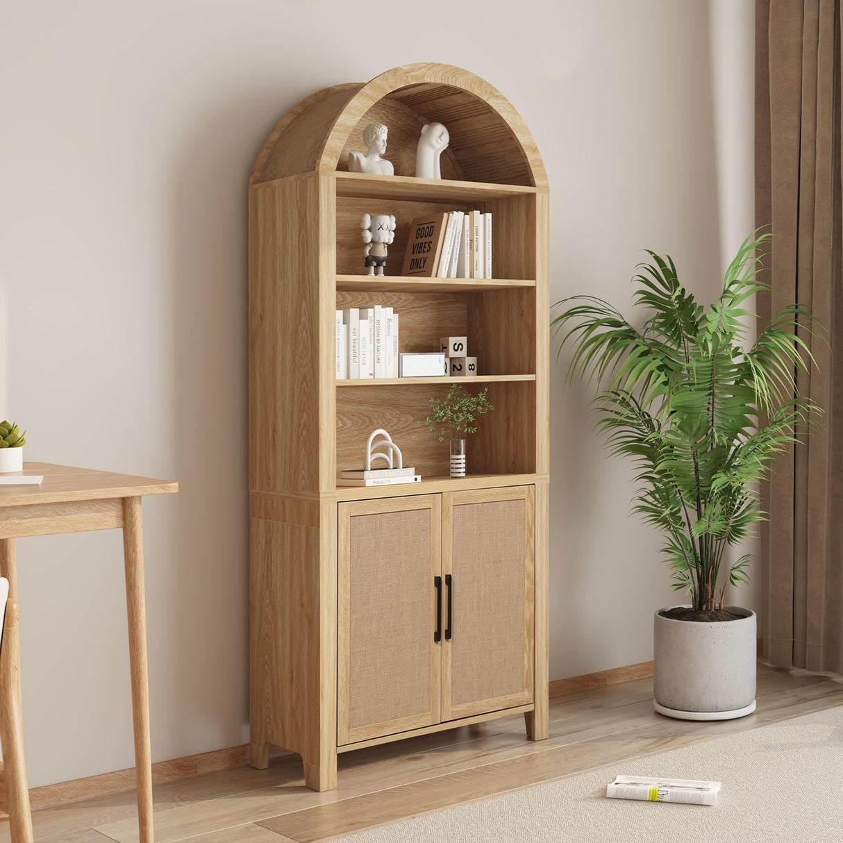 Janmer Home 71" Tall Arched Bookcase with Storage, Mid-Century Modern 6-Tier Curved Cabinet with Door, Arched Bookshelf Cabinet with Open Display Storage Shelf for Office Living Room (Natural) Janmer Home