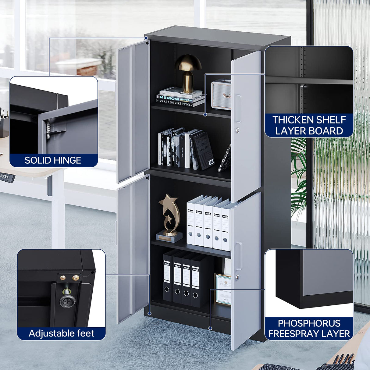 Yizosh Metal Storage Locking Cabinet with 4 Doors and 2 Adjustable Shelves,71" Lockable Garage Tall Steel Cabinet,for Home Office,Living Yizosh