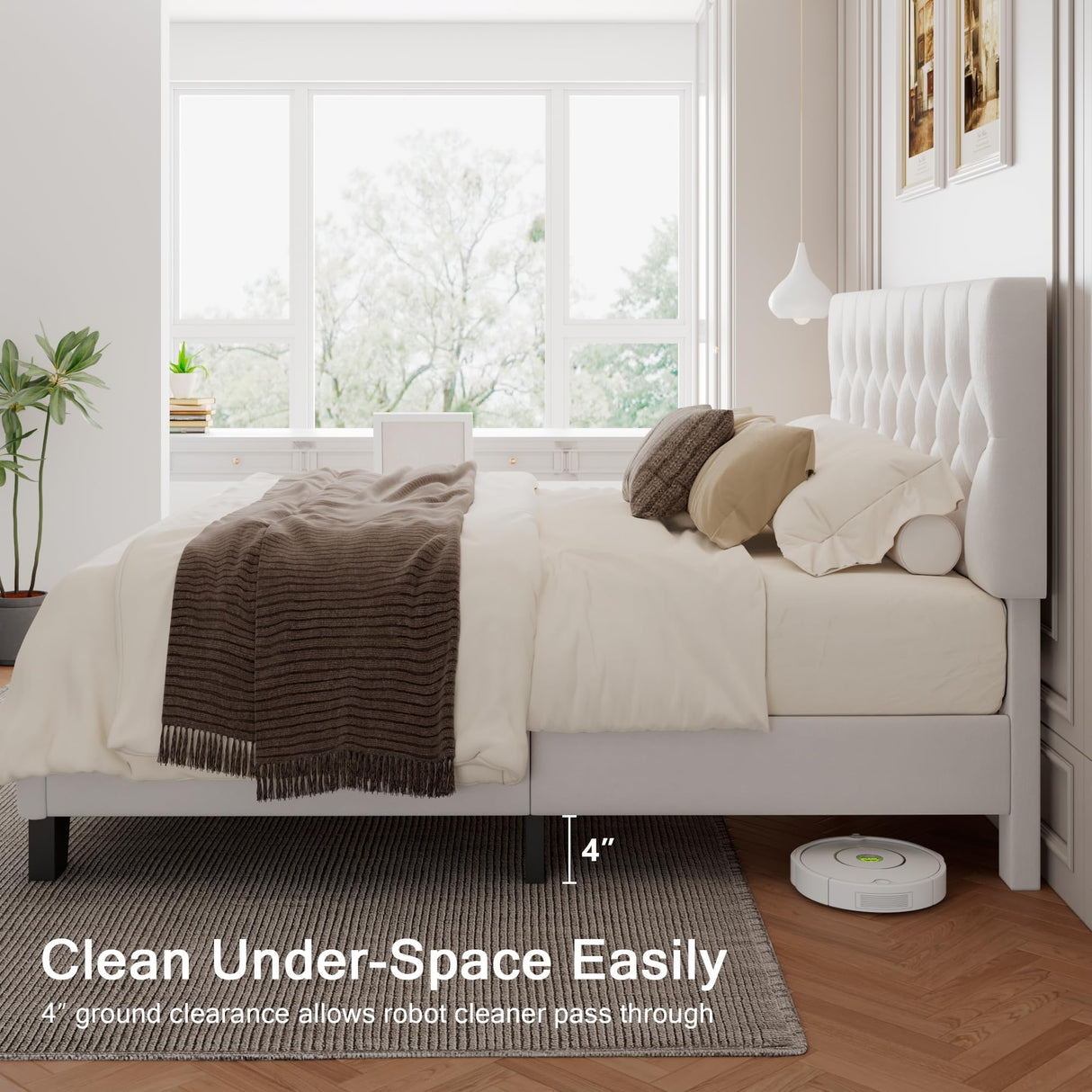 Einhomn King Upholstered Bed Frame with Headboard, Button Tufted Linen Bed Base, Platform Bed with Wood Slat, Heavy Duty, Easy Assembly, No Box Spring Needed, White Einhomn