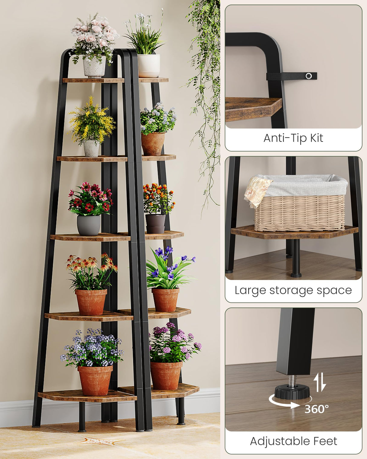 CHOEZON Corner Shelf, 5-Tier Ladder Corner Shelf, Ladder Bookshelf, 59.6" Tall Vertical Display Stand, Metal Frame Bookshelf, for Living Room, Bedroom, Kitchen, Rustic Brown and Black TCJ20BF