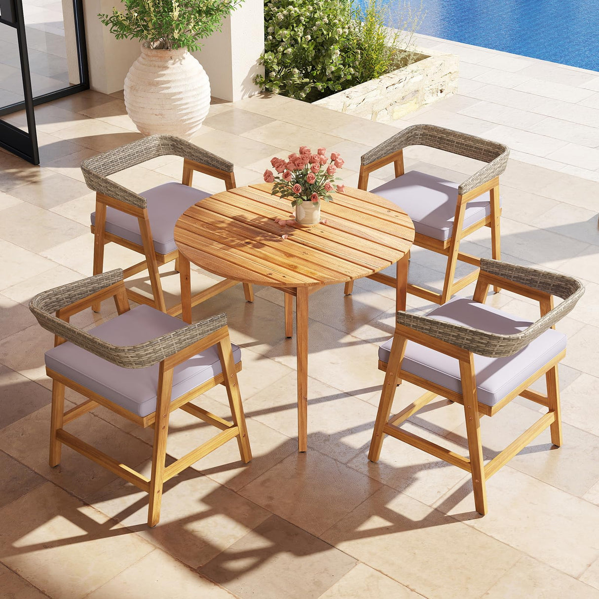 Tangkula 5 Piece Patio Dining Set for 4, Outdoor Solid Wood Round Table with Cushioned Chairs, for Deck, Lawn, Garden and Poolside Tangkula