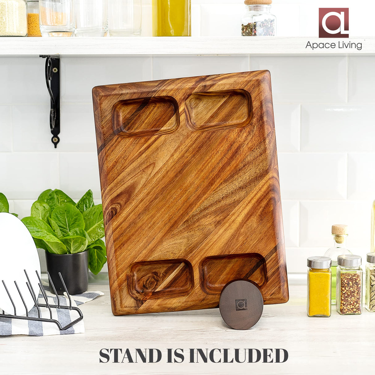 Contour Wood Cutting Board - Large Acacia Butcher Block Chopping Board for Kitchen w/Stand, Sustainable Wood, Juice Groove - Doubles as 4 Compartment Apace Living