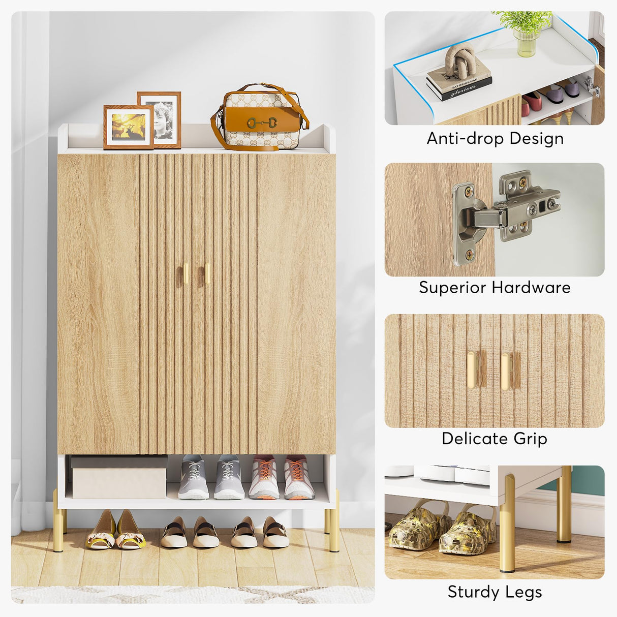 Tribesigns Shoe Cabinet Storage Entryway: 6-Tier Shoe Organizer Cabinet with Adjustable Shelves, Freestanding Wood Shoe Rack with Doors for Entryway, Hallway, Living Room, White & Wood Tribesigns