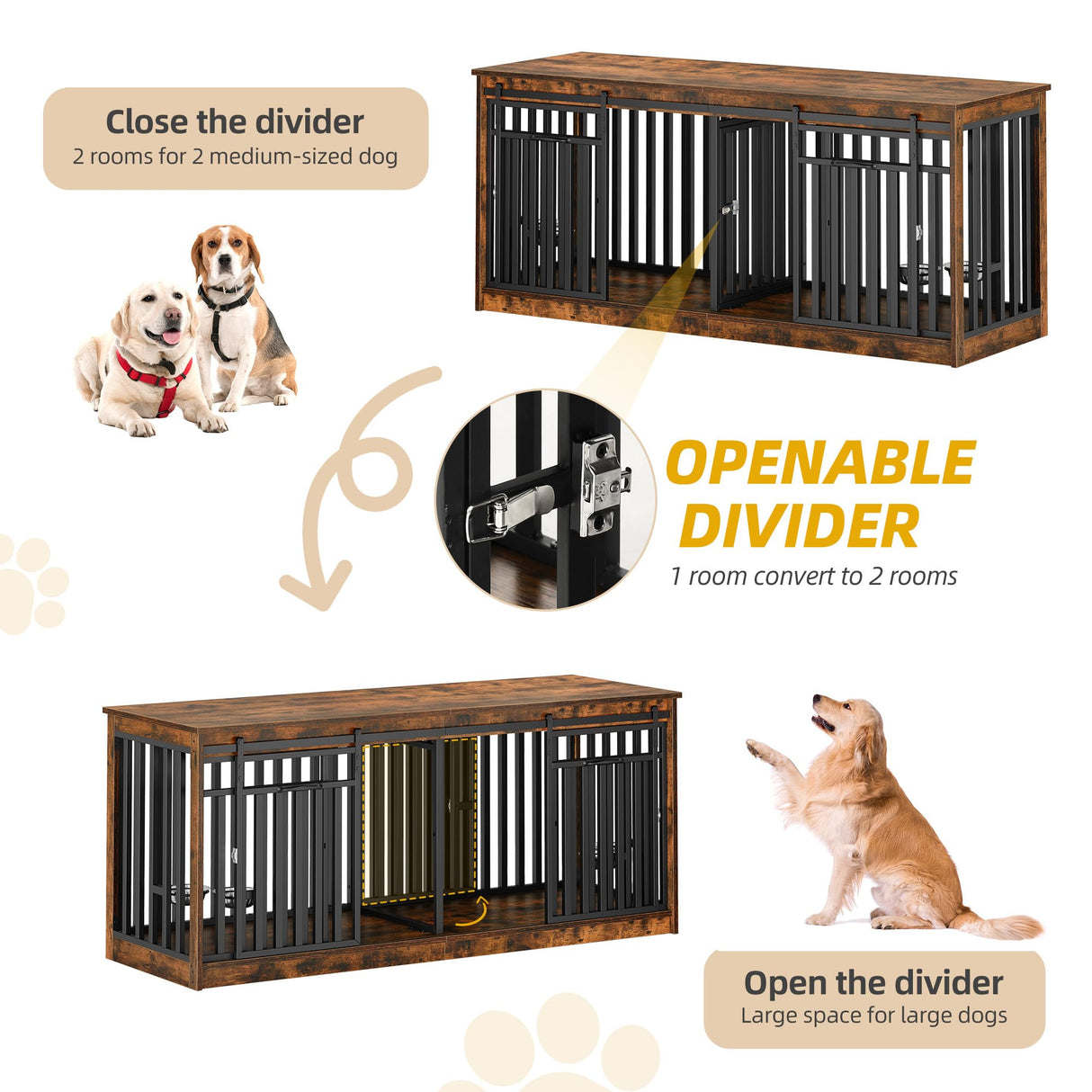 DWVO 71" Double Dog Crate Furniture for 2 Medium Dogs, Heavy Duty Wood Dual Dog Kennel TV Stand with Sliding Doors, Decorative Wooden 2 Dog Cage Table with Dog Bowls for Extra Large Dogs Rustic Brown DWVO
