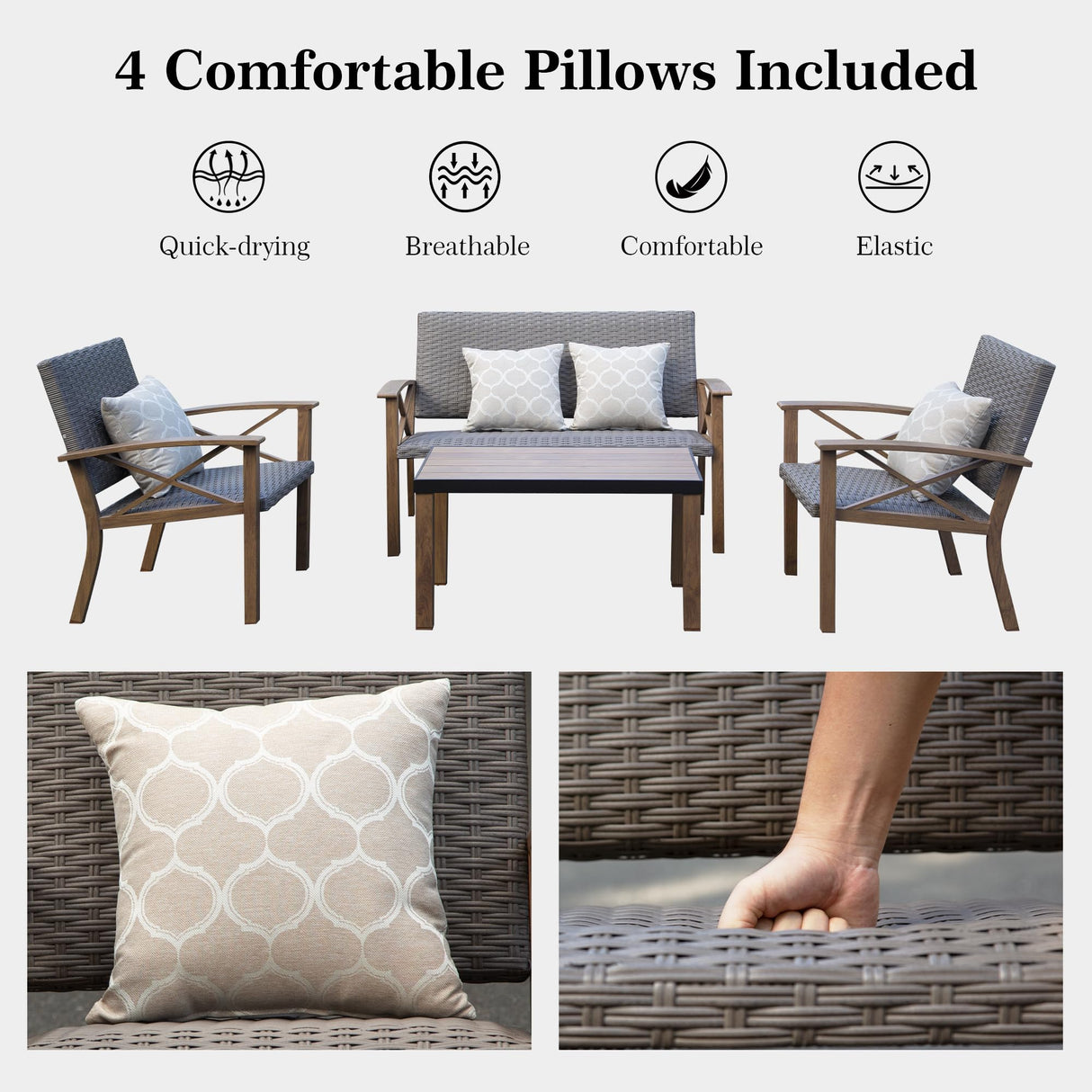 Domi Aluminum Patio Furniture Set, 4-Piece Modern Conversation Set with Cotton Padding Backrests and Seats, Outdoor Sectional Metal Sofa Set with 5.5 Inch Cushion and Coffee Table for Balcony, Garden domi outdoor living