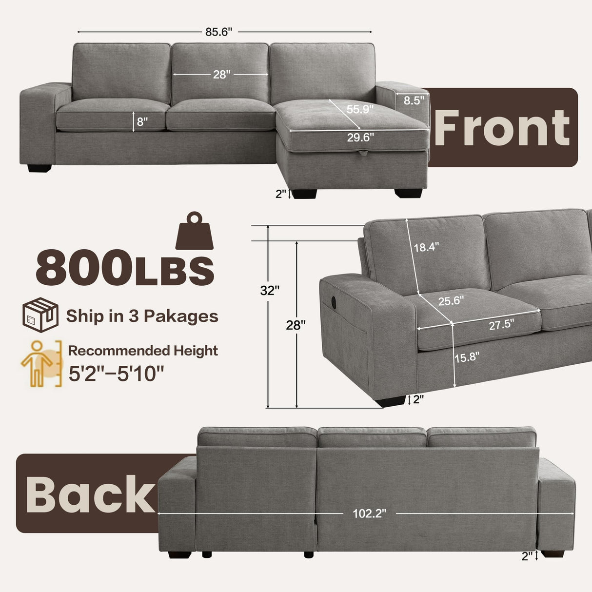 PARKOL 102" L-Shaped Sectional Couch with Storage, Sofa with Reversible Chaise, USB Type-C Charging, Chenille Fabric, Removable Cushion Covers, for Small Space, Apartment, Living Room, Light Gray PARKOL