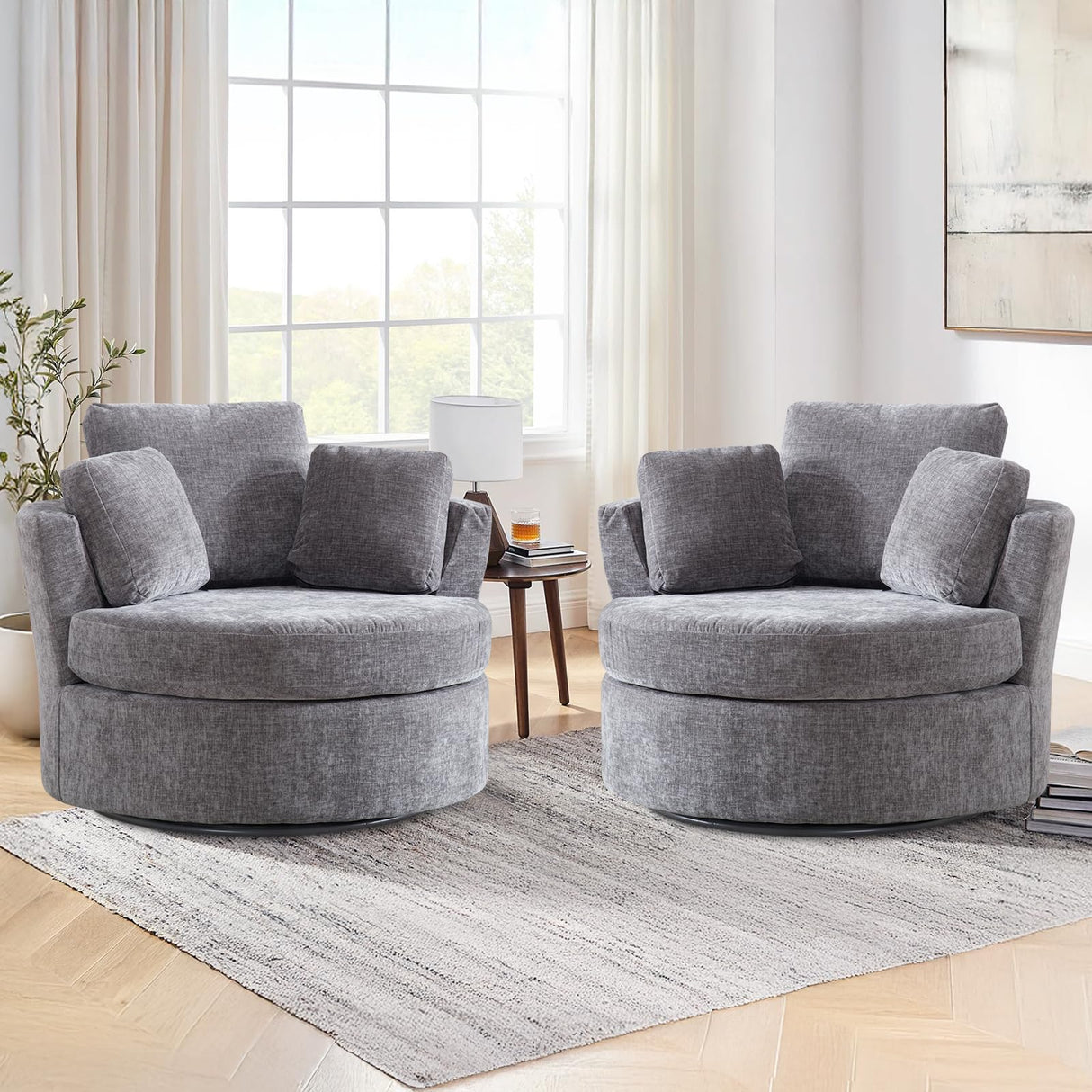 Deolme 42" W Modern Grey Swivel Barrel Chair with 360° Round Metal Base & Soft Chenille Pillows & Thick Cushion, Comfy Oversized Chaise Longue Indoor Living Room, Bedroom Club Reading Armchair (Gray) Deolme