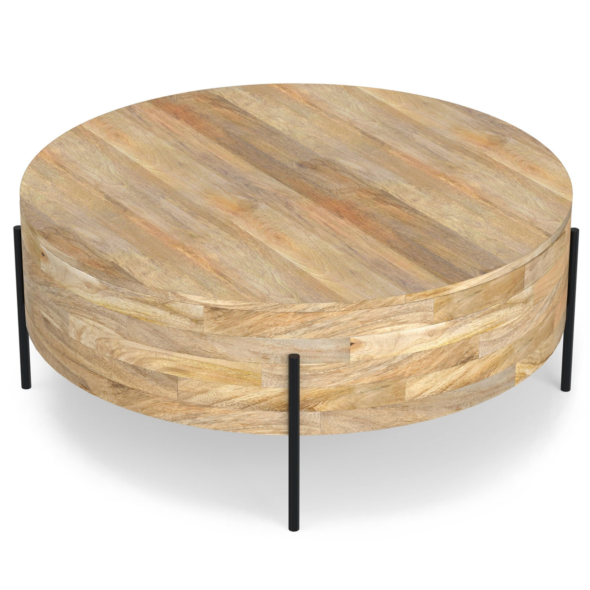 SIMPLIHOME Rayburn Drum Coffee Table - 38 inch Wide Solid Mango Wood Round Living Room Table in Natural, Modern Industrial Center Table for Family Room with Black Metal Legs and Large Surface SIMPLIHOME