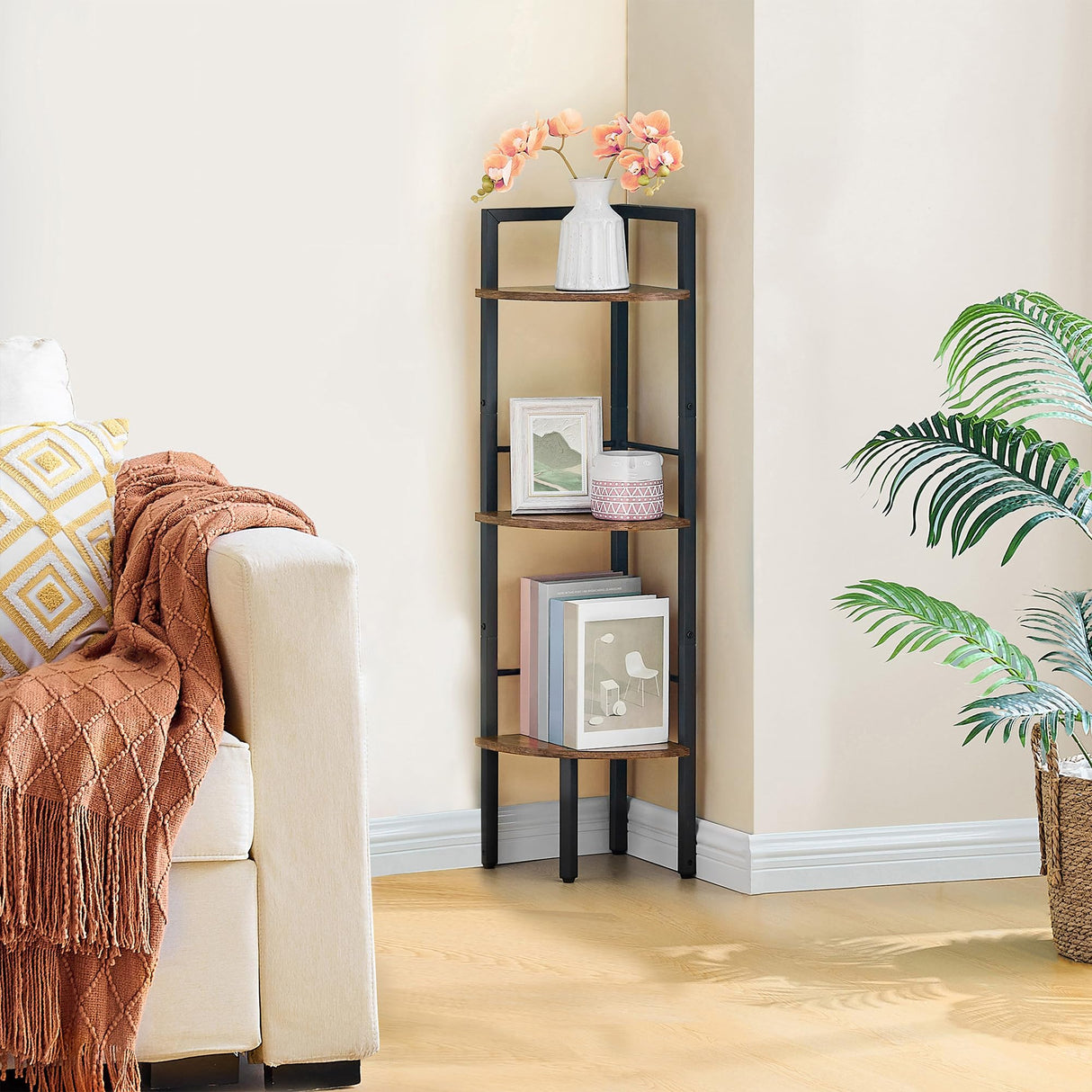 Tajsoon Small Corner Shelf Stand 3 Tier 39.6" Industrial Corner Display Shelf Shelving Unit, Corner Tables for Small Spaces, Bedroom, Living Room, Office, Kitchen, Rustic Brown Tajsoon