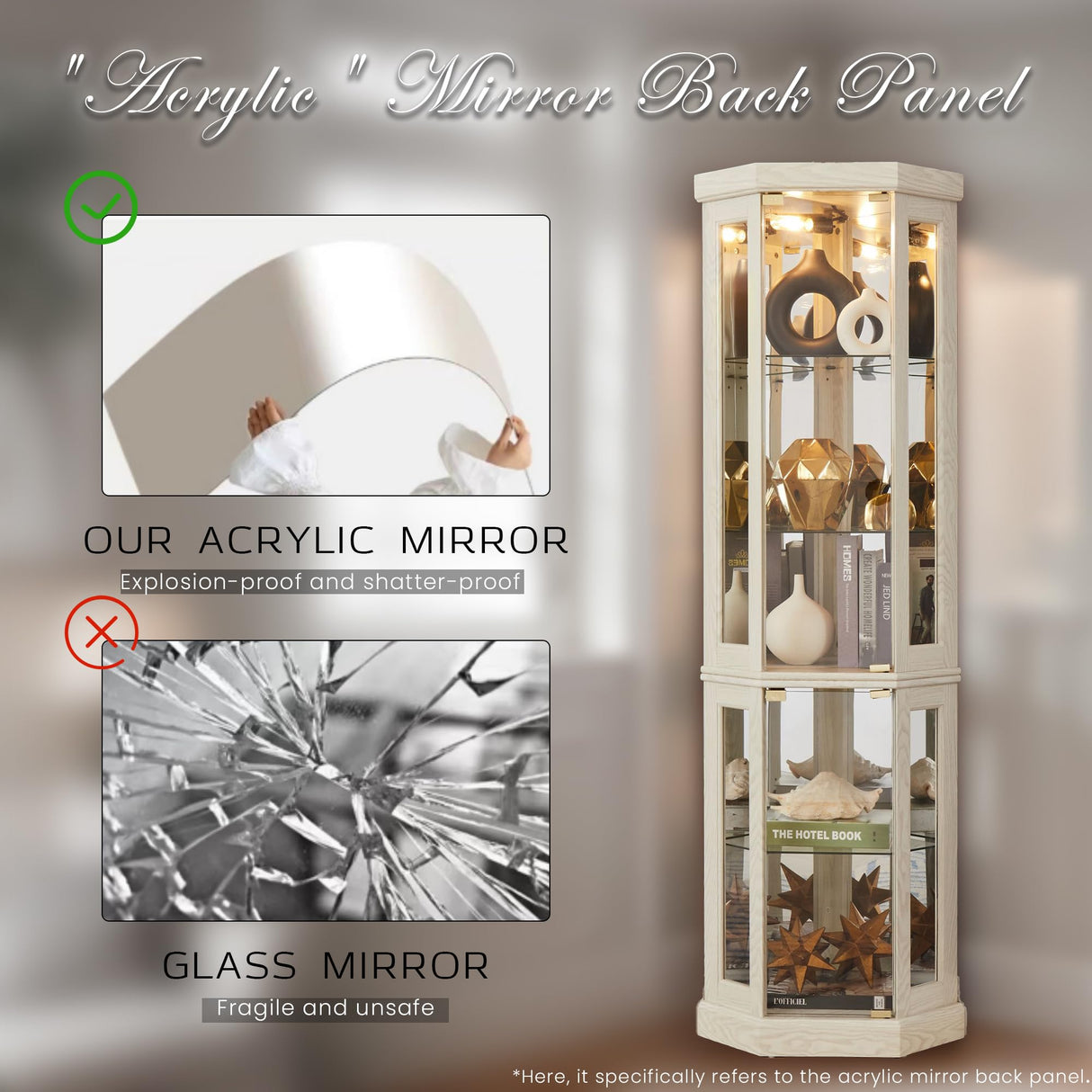 KavlSean 70" H Corner Curio Cabinet, Lighted Glass Display Cabinet with Elegant Tempered Glass Door, Adjustable Shelve, China Cabinet with Light Bulb, Mirrored Back Panel for Living Room (White) KavlSean