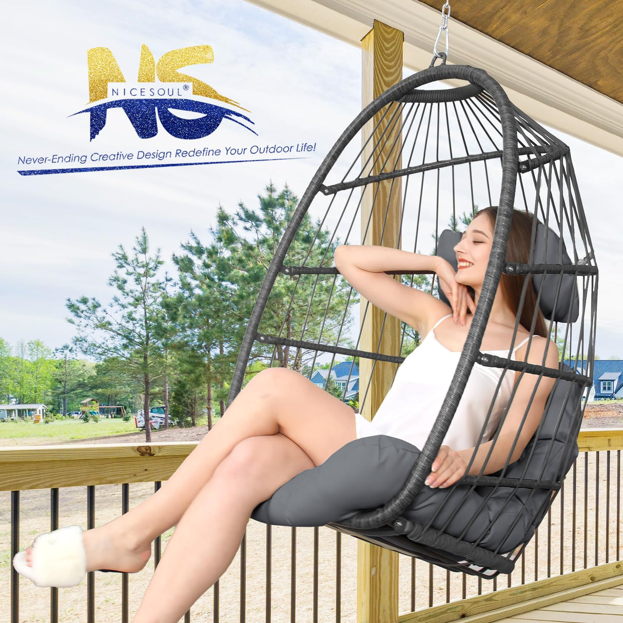 Nicesoul Patio Hanging Egg Chair No Stand, Foldable Ceiling Egg Basket Chairs Without Stand Indoor Outdoor, 350lbs Egg Shell Swing Hammock Chair with Cushion for Backyard, Balcony, Outside, Dark Grey NICESOUL