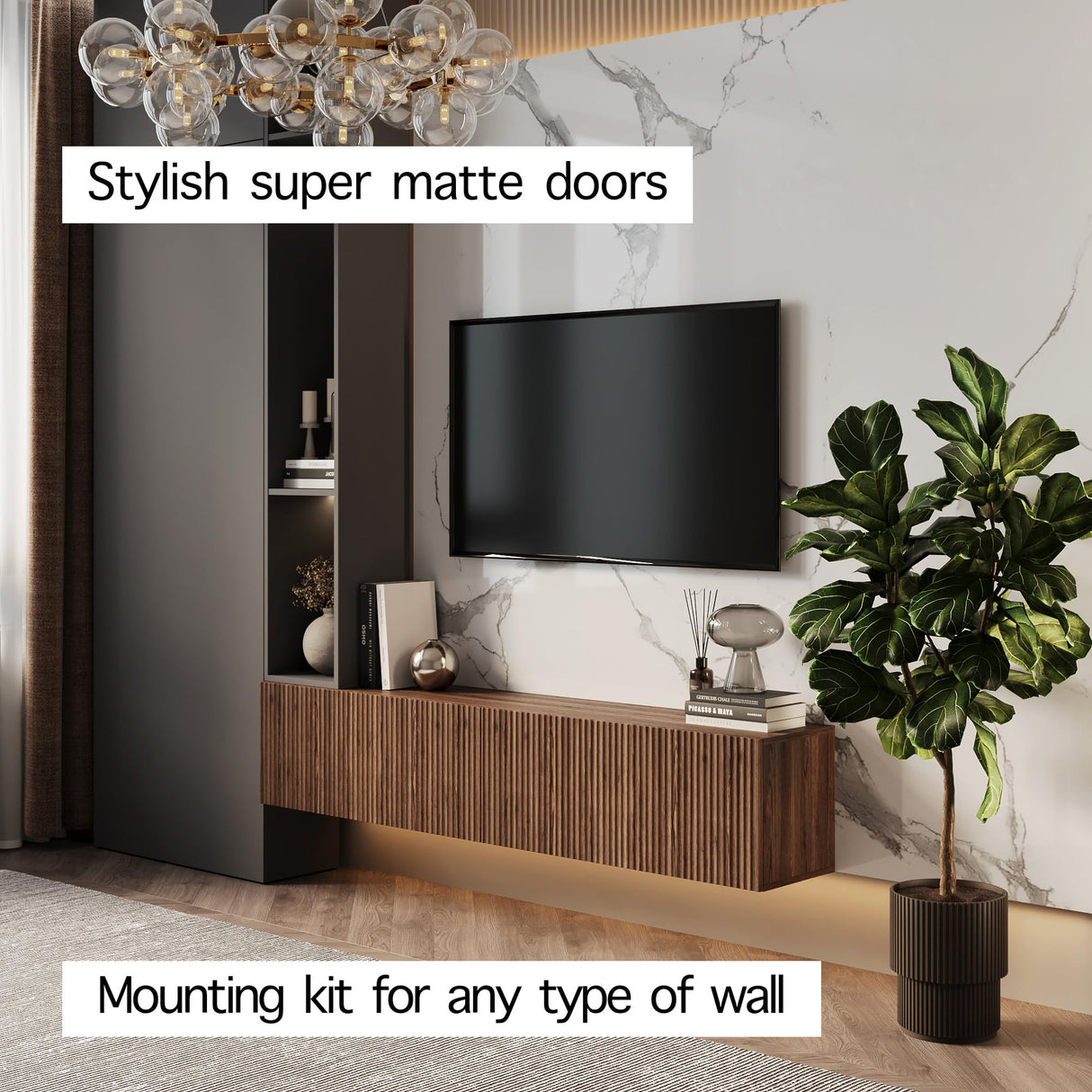 Living Skog Floating TV Stand Wall Mounted for Living Room and Bedroom, Media Console Table, Entertainment Center with Storage and Drawers Fits TV 50 55 60 65 inch Cabinet (Brown, 59 inch) Living Skog