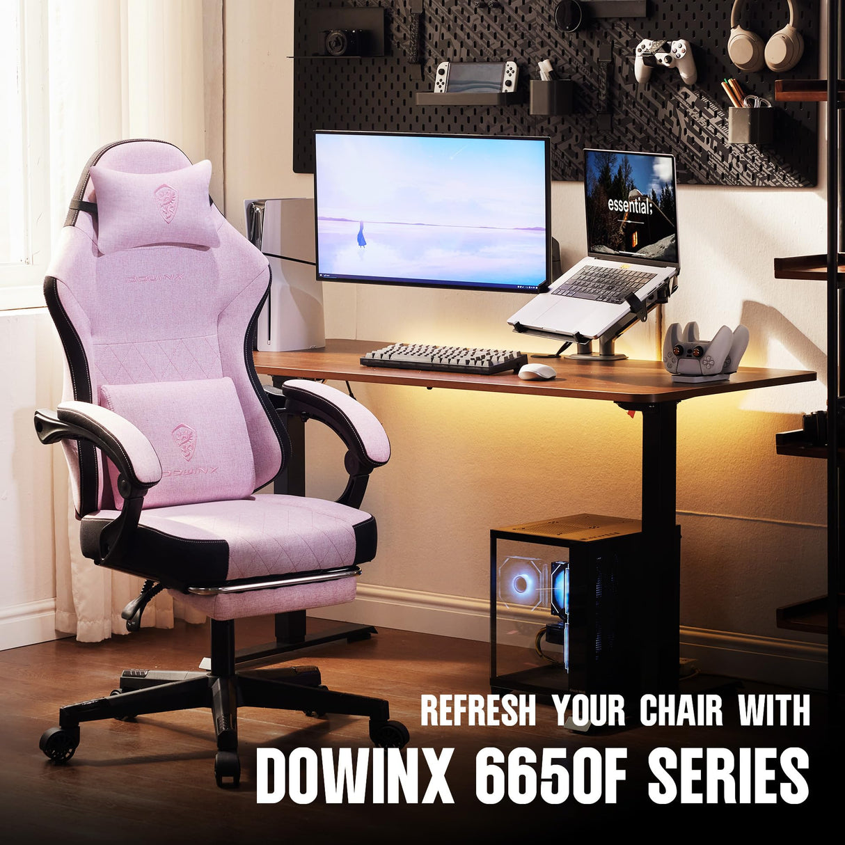 Dowinx Gaming Chair Fabric with Pocket Spring Cushion, High Back Ergonomic Computer Chair with Footrest for Adults, Massage Lumbar Support Swivel Game Chair for Office Gaming 300LBS, Pink Dowinx
