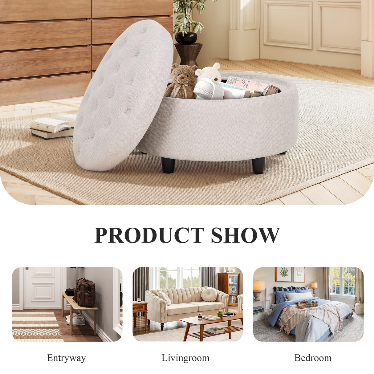 COLAMY Fabric Round Storage Ottoman with Reversible Tray Lid – Multi-Functional Footrest, Hidden Storage, Sturdy & Stylish Small Coffee Table for Living Room, Bedroom, or Entryway(Beige) COLAMY