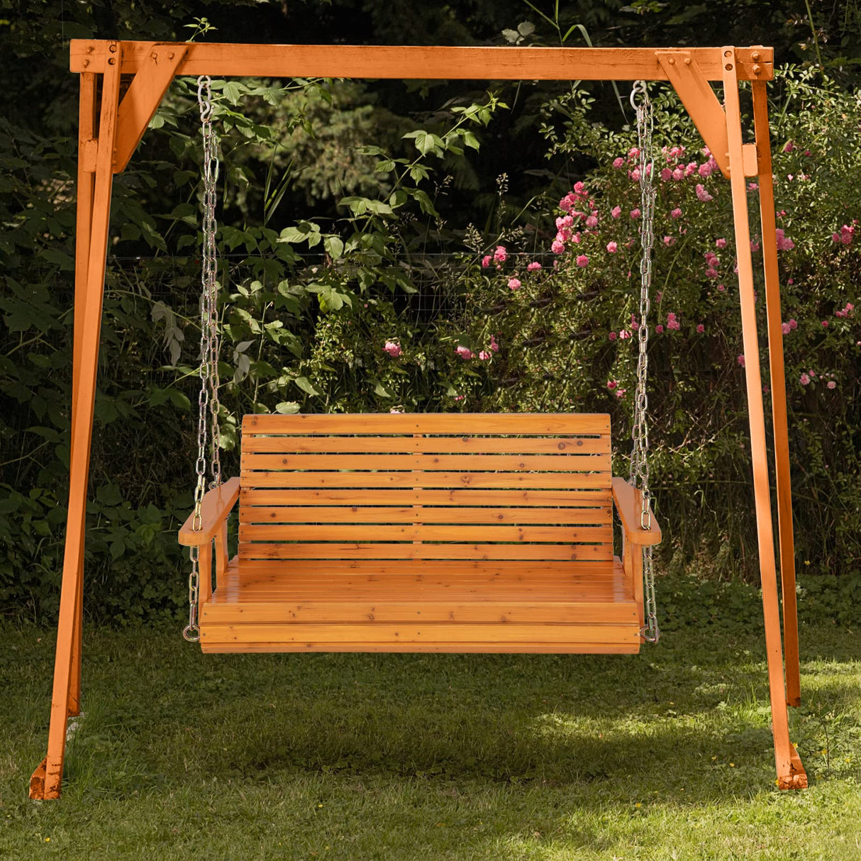 Giantex Wooden Porch Swing 2 Seat - Outdoor Swinging Chairs with Hanging Chains, 600 lbs Weight Capacity, 4 FT Finished Fir Wood Bench Swing for Patio, Outside, Garden, Lawn, Backyard (Orange) Giantex