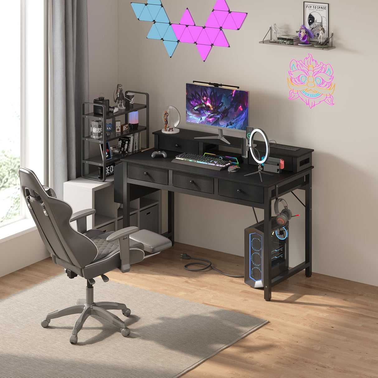 Lufeiya Computer Desk with Drawers for Home Office Bedroom, 40 inch Black Writing Study Desks with Fabric Drawers Storage, Gaming Desk Table with Power Outlet & Monitor Stand, Black Lufeiya