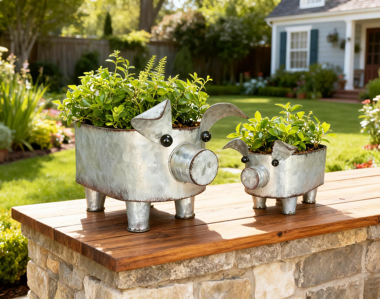 ShabbyDecor Galvanized Metal Pig Bowl Farmhouse Pig Storage Holder for Bathroom Kitchen Living Room Set of 2,Big and Small ShabbyDecor