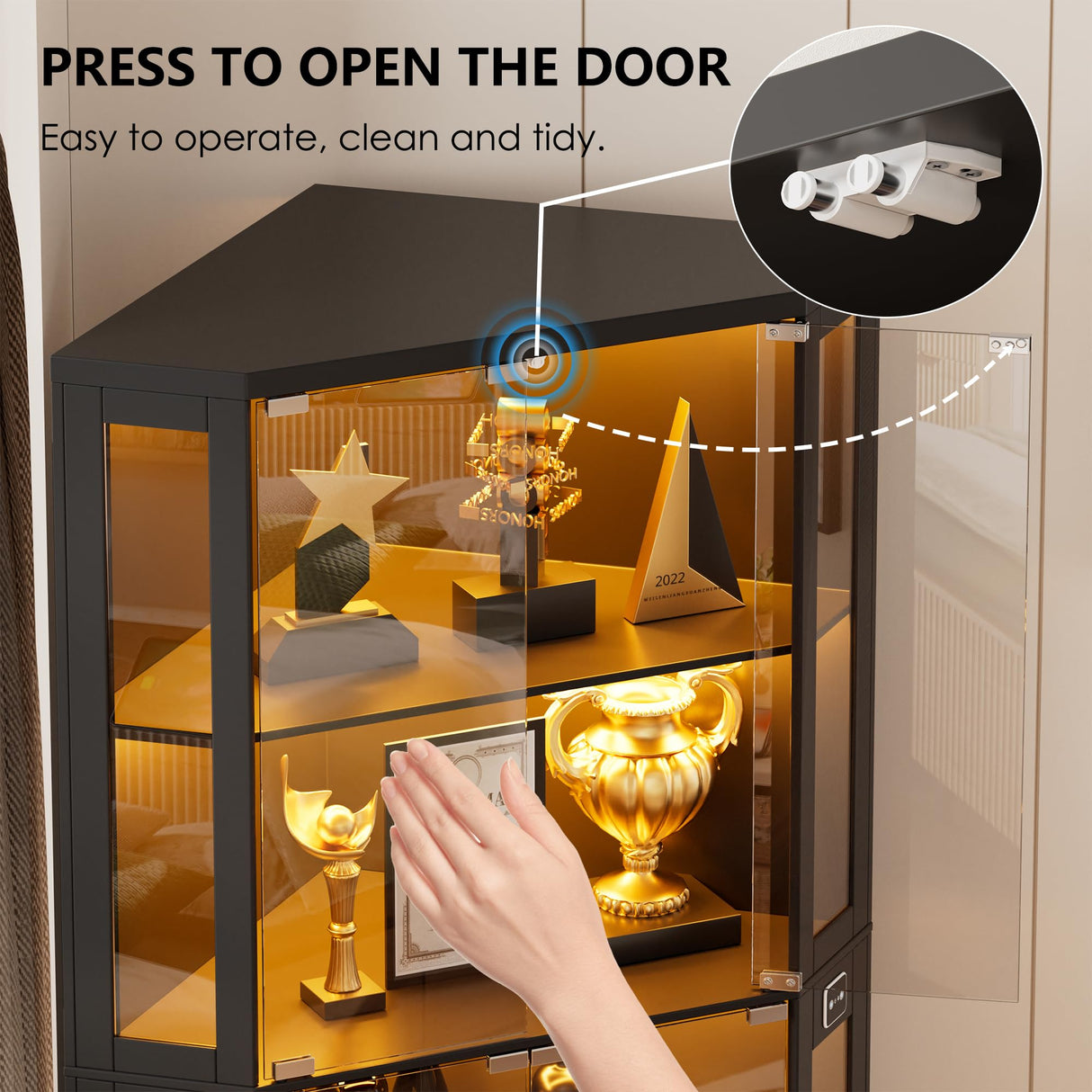 PAKASEPT Corner Display Cabinet with Glass Doors, 66.3”Corner Curio Cabinets with LED Lights, 4-Tier Display Shelf with Human Body Sensor for Toys, Books, Collectibles PAKASEPT