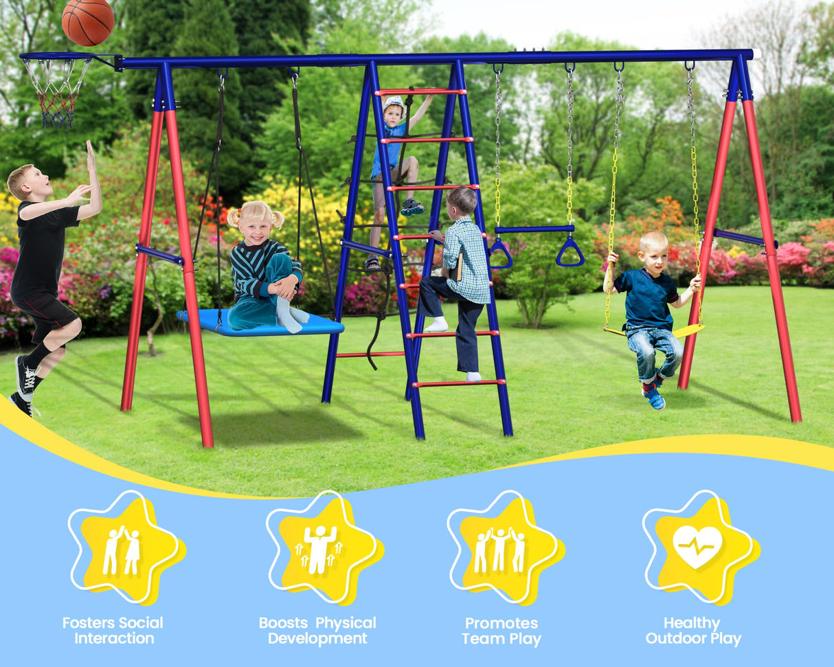 Swing Sets for Backyard, 6 in 1 Multifunction Swing Set Outdoor for Kids 3-12, Heavy Duty Metal Swing Sets with 2 Swings Climbing Ladder and Nets, Trapeze Bar, Basketball HoopPlayset BUPPLEE