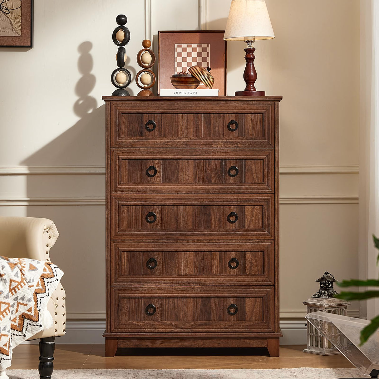 Joaxswe Farmhouse 5 Drawer Dresser for Bedroom, 42" Tall Small Dressers & Chest of Drawers, Rustic Wood Dresser with Metal Handle, Storage Organizer Closet for Living Room, Hallway, Entryway Joaxswe