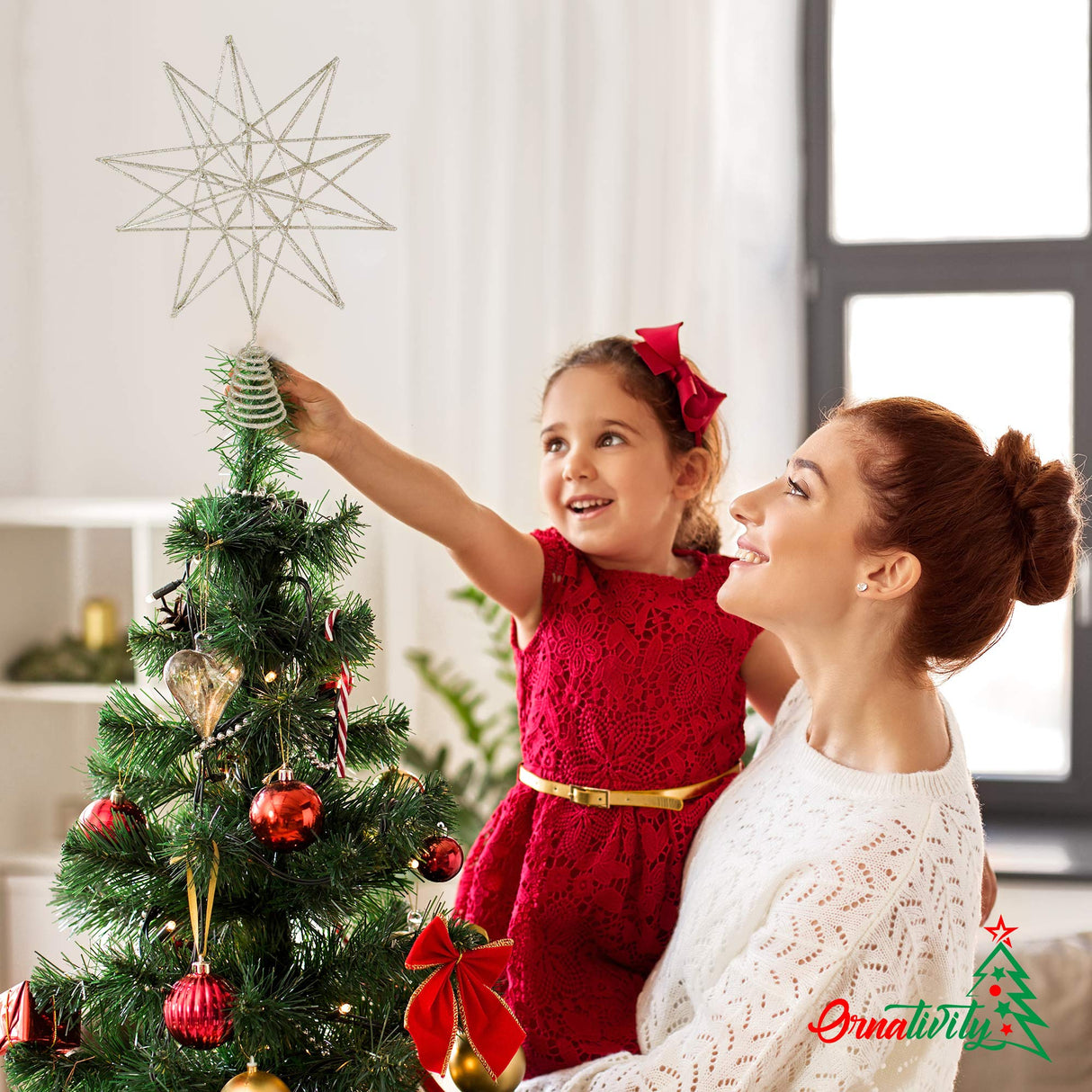 Ornativity Glitter Star Tree Topper - Christmas Sparkly Metal 3-D Dimensional Hallow Wire Star Xmas Tree Top Decor Ornament Decorations for Trees 13" Ornativity