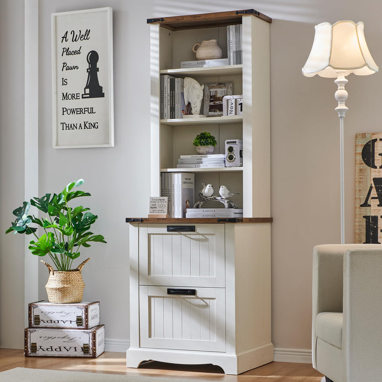 RedLemon 72" Tall Antique White Farmhouse Bookcase with 2 File Drawers and Adjustable Shelves RedLemon
