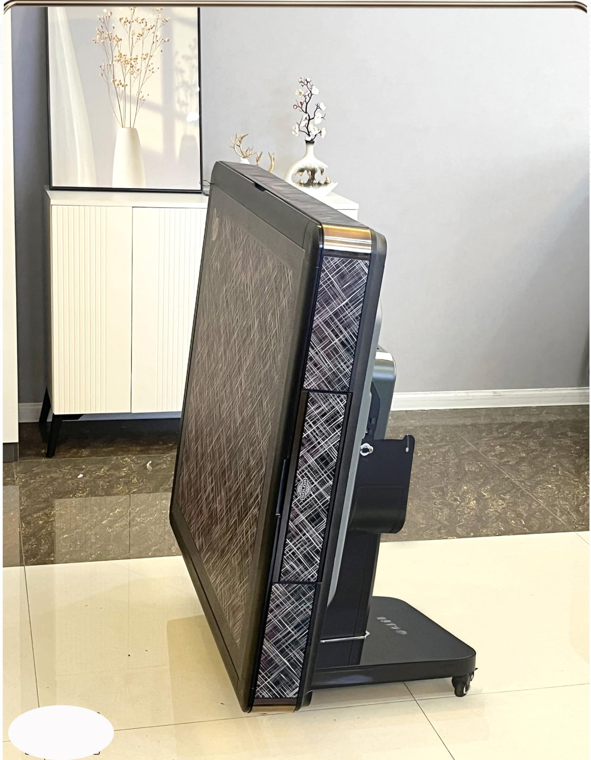 usamjtable Ultra-Thin Automatic Mahjong Table in Polysilver Color with Folding Roller Coaster Style, 40mm Numbered Tiles, and Built-in Hard Table Cover usamjtable