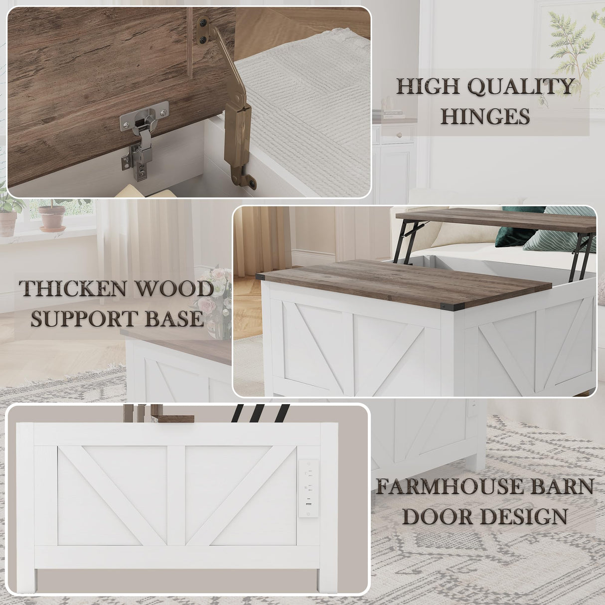 NEWBULAND 35" Lift Top Coffee Table with Storage, Wooden Coffee Tables for Living Room, Farmhouse Coffee Table with Large Hidden Storage Compartment, White and Grey NEWBULAND