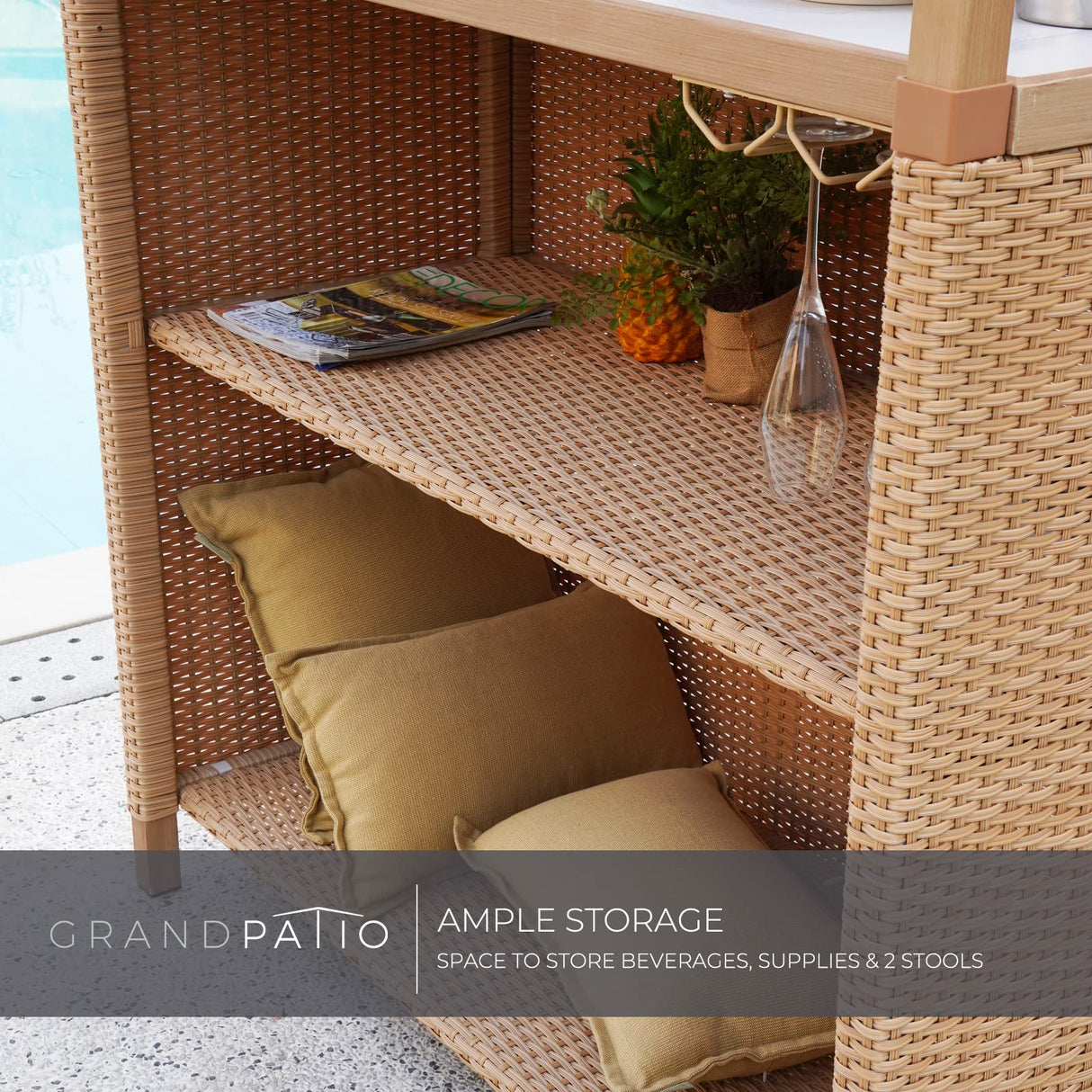 Grand patio Outdoor Tiki Bar Set with Widen Ceramic Top (42" W), Phuket 3-Piece Wicker Islander Tiki Bar and 2 Stools Storage for Garden, Natural Grand patio