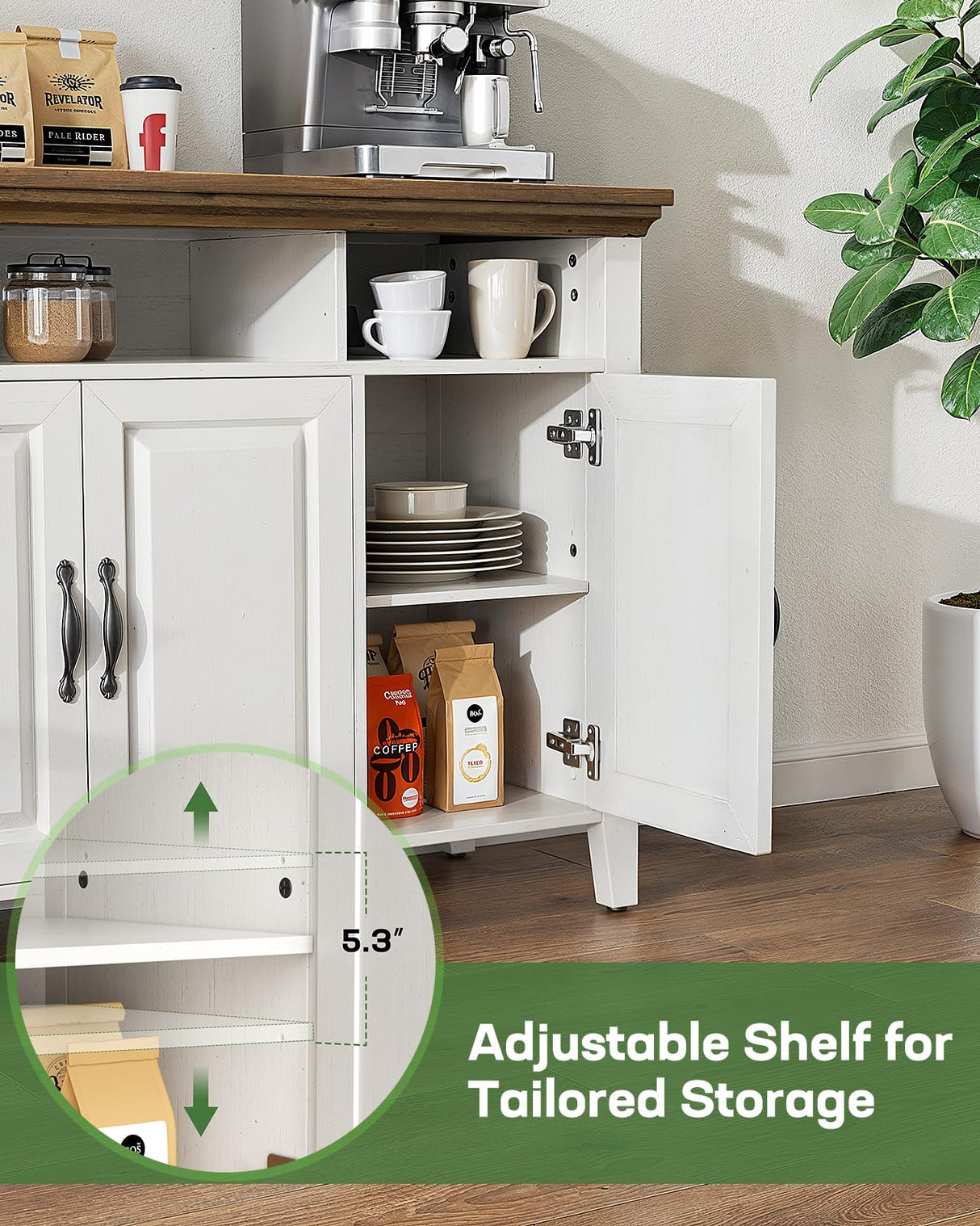 Marsail Sideboard Buffet Cabinet with Storage, 55" Farmhouse Kitchen Buffet Bar Table 4 Door Storage Cabinets for Dining Room Furniture, Wood White Marsail