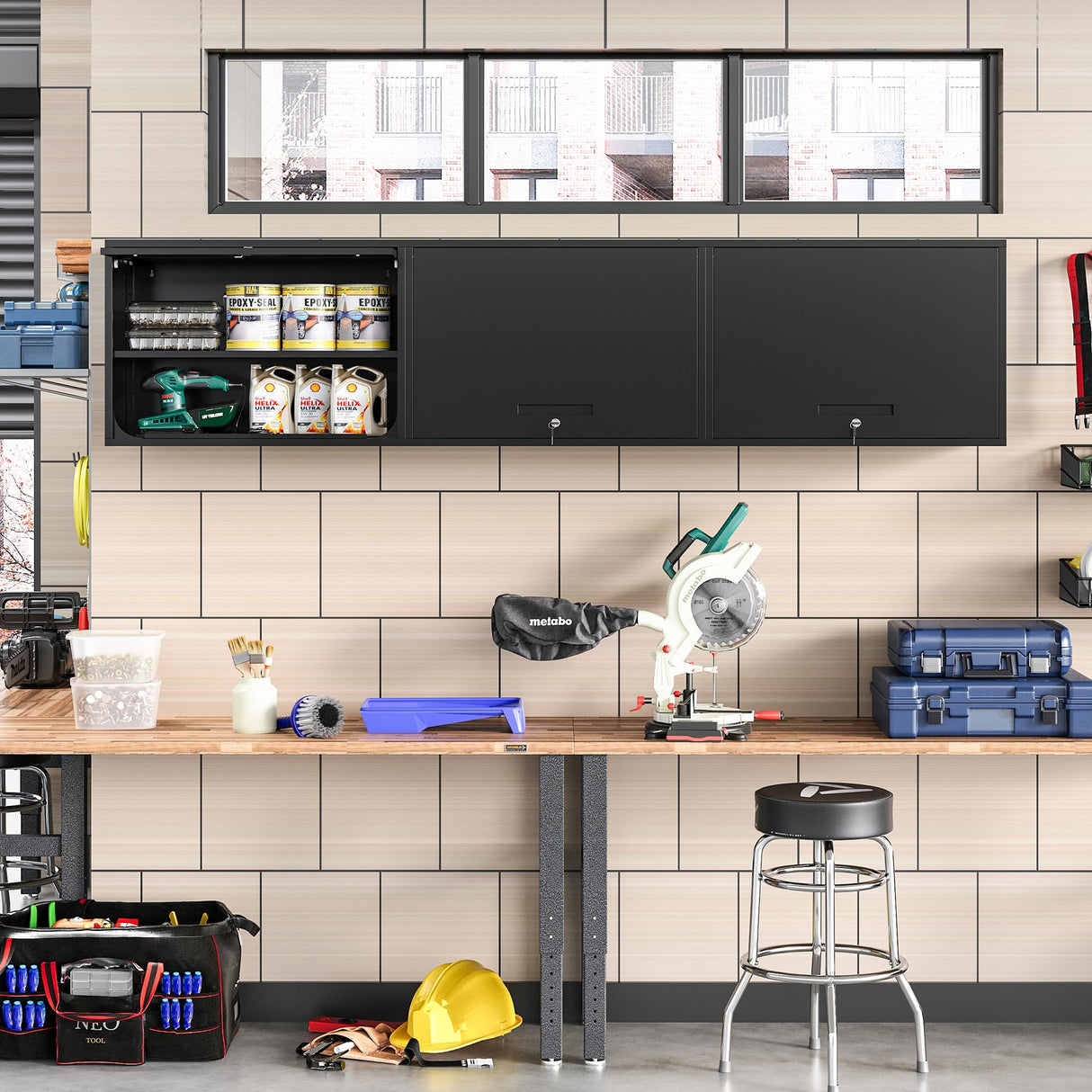 Anxxsu Metal Wall Cabinet with Locking Door and Shelf, Hanging Garage Cabinets with Up-Flip Doors for Garage, Warehouse, Home, Office, Assembly Required (Black, One Cabinet) Anxxsu