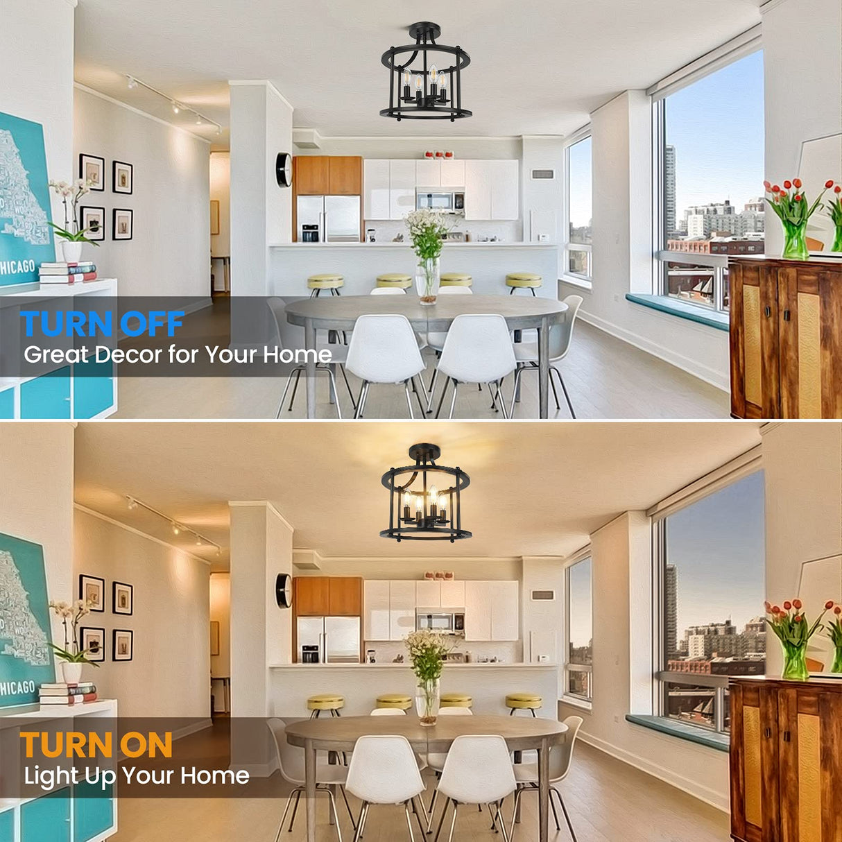 Farmhouse Semi Flush Mount Ceiling Light Fixture, 4-Light Industrial Ceiling Light w/ E12 Base Metal Rustic Vintage Chandelier Lighting for Kitchen Dining Room Hallway Entryway Foyer (Matte Black) Bosceos