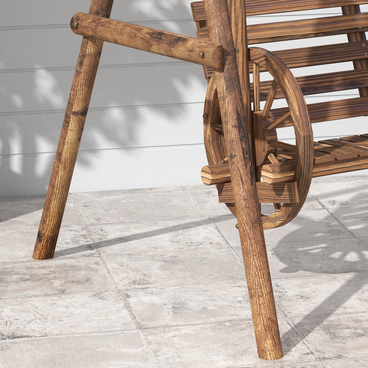 Outsunny 2-Seat Porch Swing with A-Frame Stand, Wooden Log Patio Swing Chair Bench with Wagon Shaped Armrests for Garden, Poolside, Backyard, Carbonized Brown Outsunny