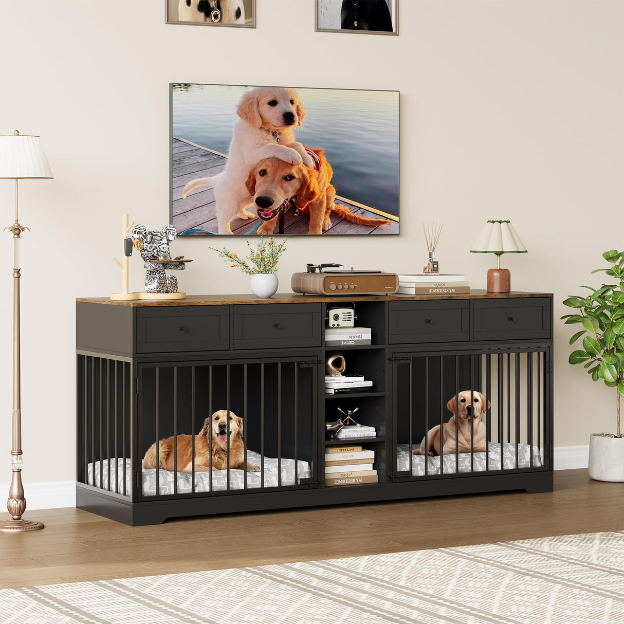 IDEALHOUSE 82” Large Dog Crate for 2 Dogs, Dog Kennel Indoor with 4 Drawers and Shelves, Double Dog Crate Furniture TV Stand, Wooden Dog Cage for Medium Large Dogs, Black IDEALHOUSE