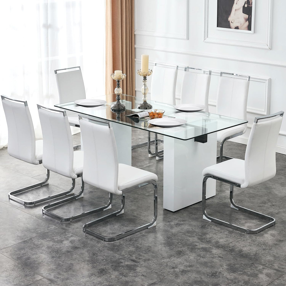 MEMUY Glass Dining Table Set for 8,Rectangle Dining Table Top with White High Glossy Wood Board Base,71”White Kitchen Table with 8 White Chairs for 6-8 Person MEMUY