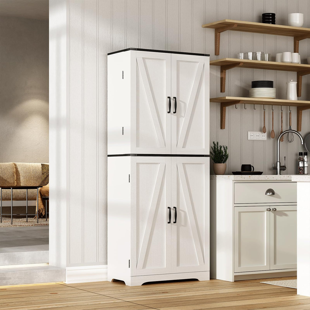 Redlife 72" Tall Kitchen Pantry, Farmhouse Storage Cabinet with Barn Doors, Tall Food Pantry with Doors, Rustic Wood Cupboard for Kitchen, Dining Room, Bathroom (White) Redlifeᅟᅠ