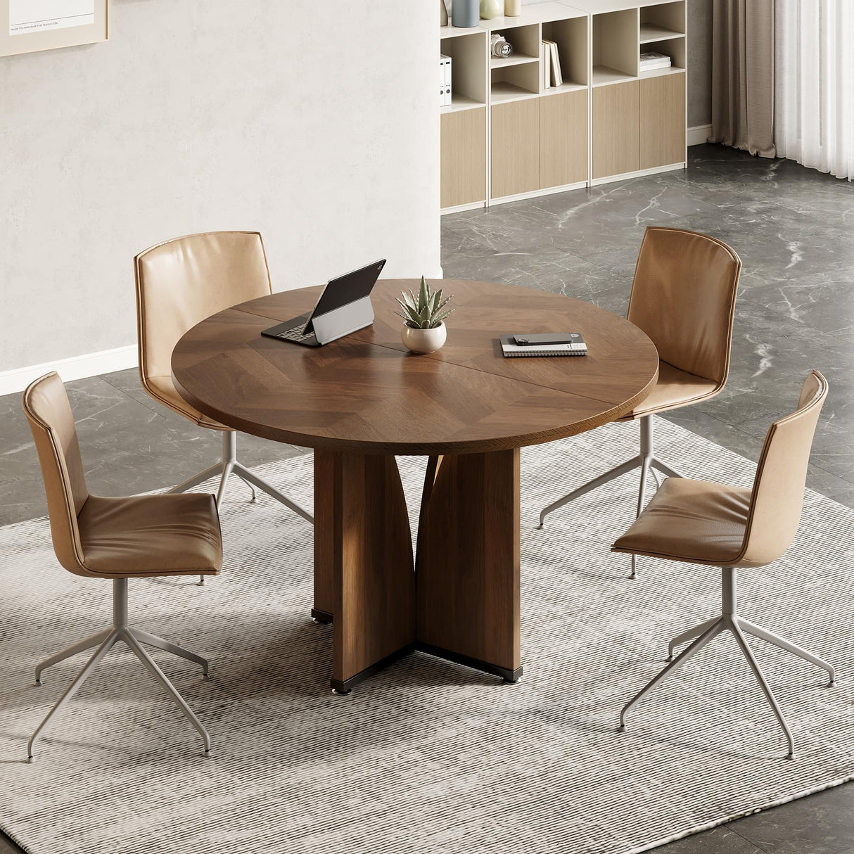 LITTLE TREE 39-Inch Small Conference Table for 4, Round Meeting Table with X-Shape Pedestal, for Office, Conference Room, Small Spaces, Dark Brown LITTLE TREE