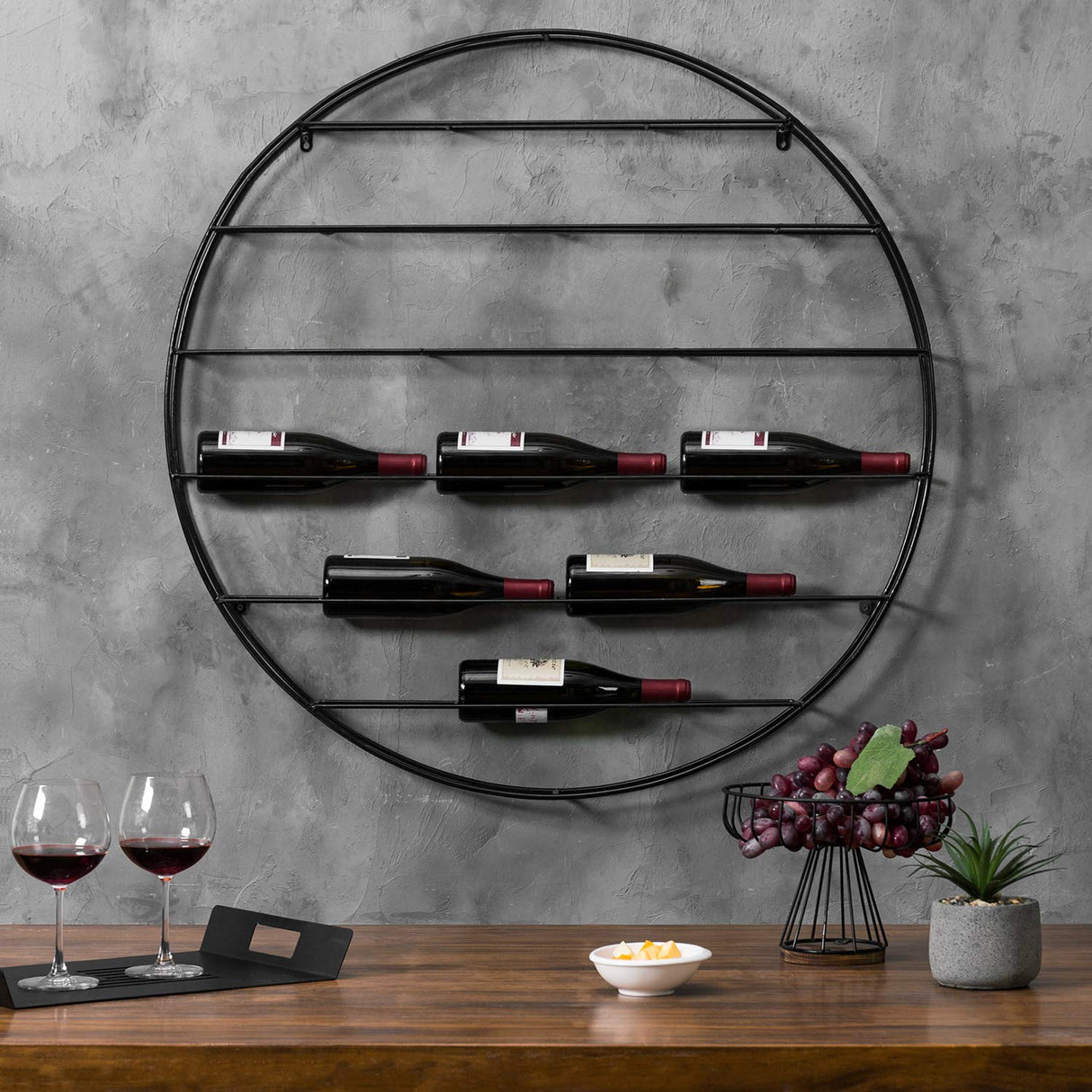 MyGift 12-Bottle Modern Black Metal Round Wall Mounted Wine Rack – 6-Tier Horizontal Storage Shelf for Kitchen, Living Room & Wine Cellar – Space-Saving Wall Decor & Cork Preservation MyGift