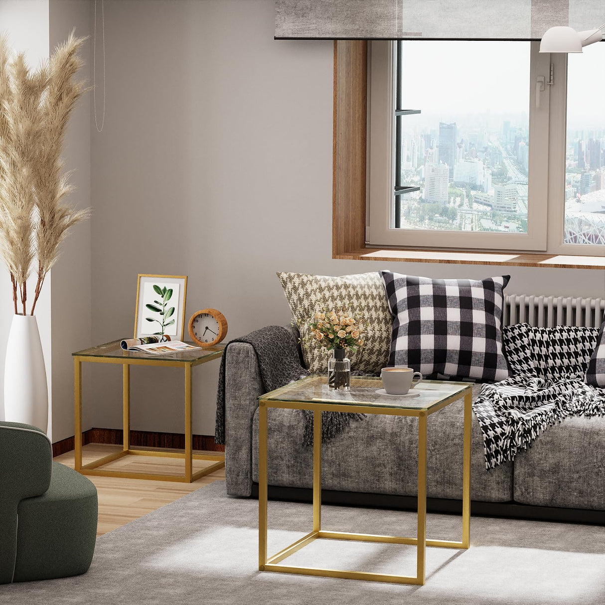 VILAWLENCE Coffee Table Set of 2, Modern Gold Glass Side Table, Metal Frame Square End Table, Center Tables Nesting Coffee Table for Living Room,Bedroom and Small Spaces VILAWLENCE