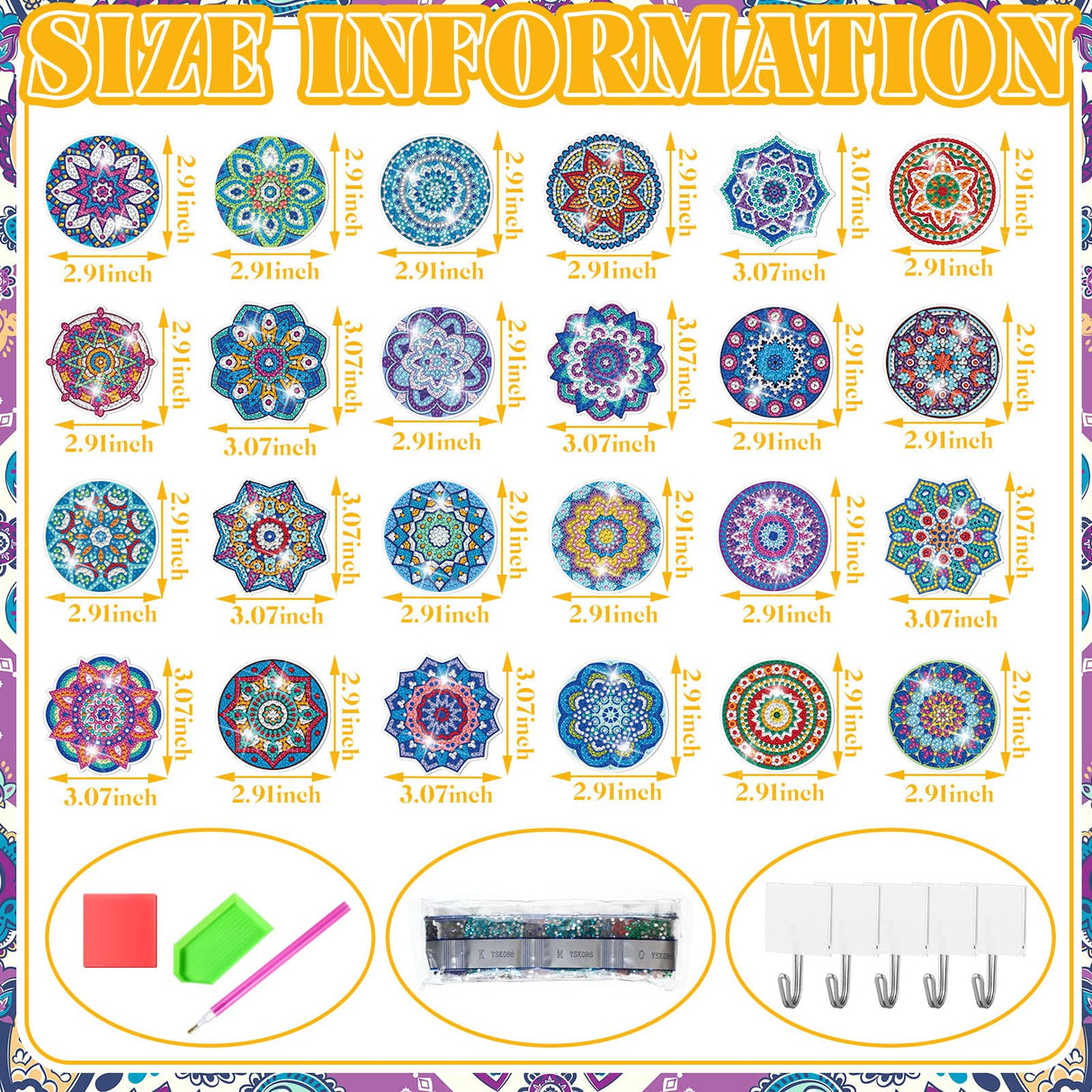 Saillong 24 Pcs Mandala Flower Diamond Painting Kit with Hooks Key Holder Adults Mandala Flower Art for Wall Decor DIY Decorations Diamond Art Painting Sticky Hooks for Towel Kitchen Decoration Saillong