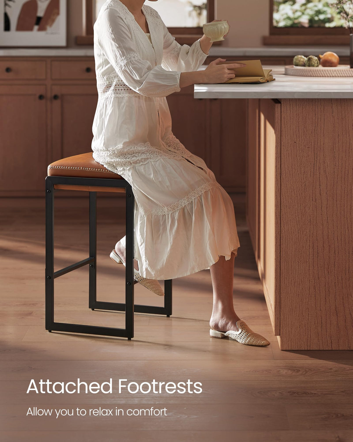 VASAGLE EKHO Collection - Bar Stools Set of 2, Counter Height Bar Stools, Synthetic Leather with Stitching, Mid-Century Modern Counter Stools, 26-Inch Tall, Kichen Home Bar Dining Room, Caramel Brown VASAGLE