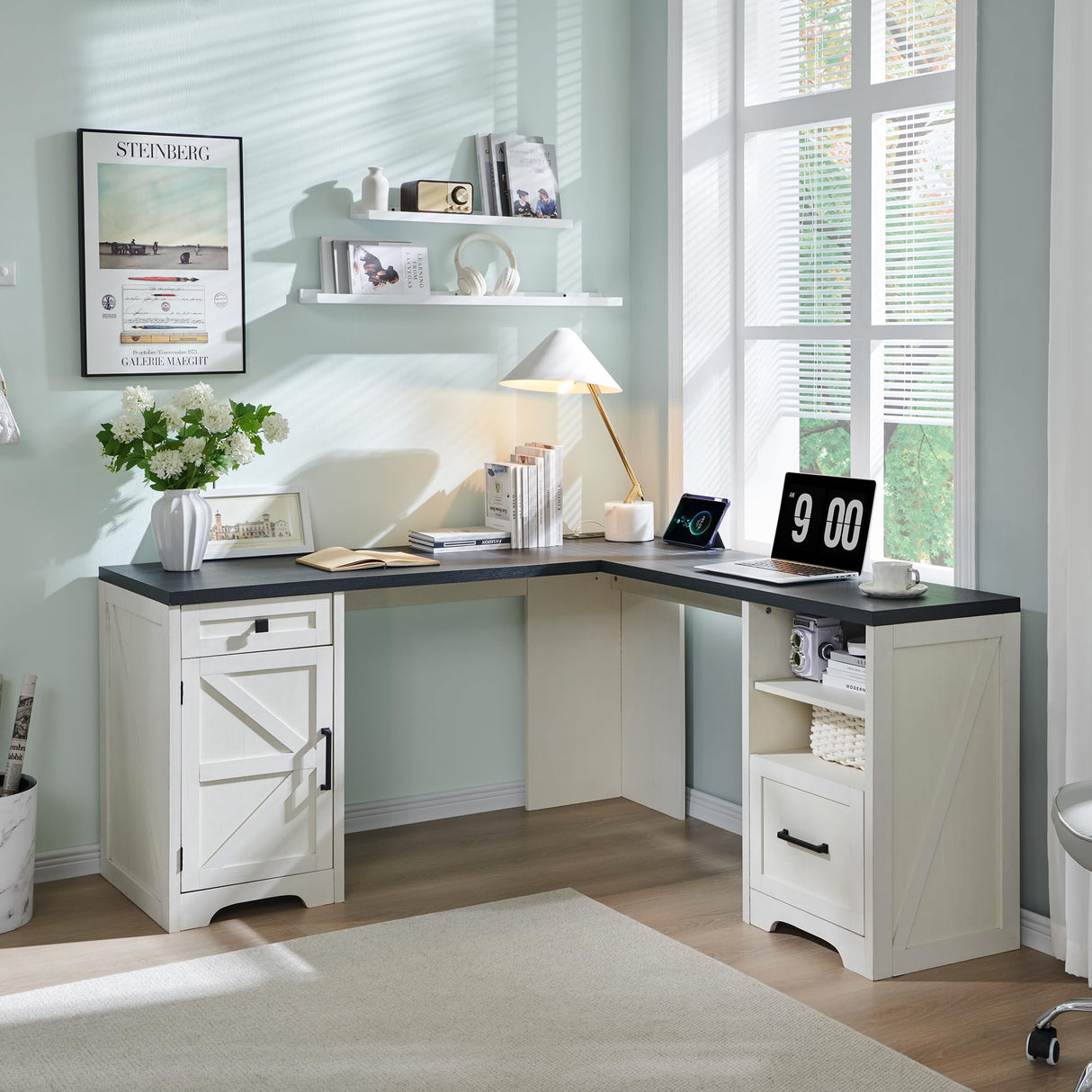 JXQTLINGMU Home Office Desk, Modern Farmhouse Computer Desk with File Cabinet Letter T4 F4 Legal, Study Writing Desk, 59 Inch, Off White JXQTLINGMU