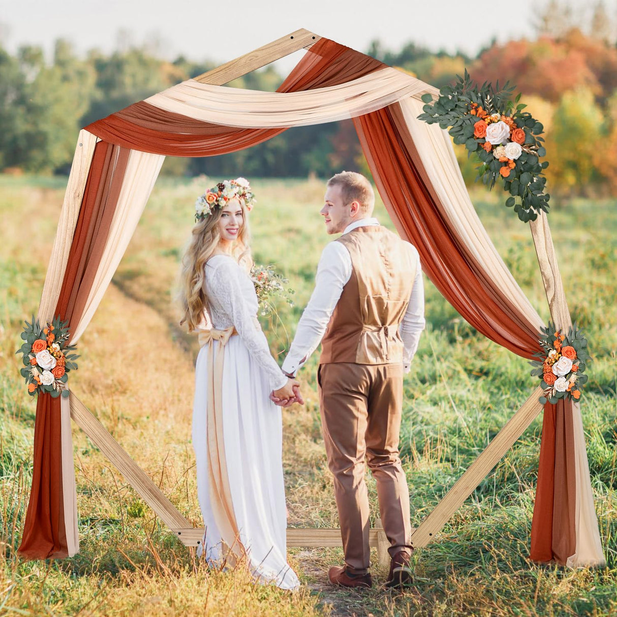 DearHouse 3 Panel Wedding Arch Draping Fabric,29.5" x18Ft Pearl Fabric Drapes for Wedding Sheer Backdrop (Champagne+Terracotta+Caramel) DearHouse