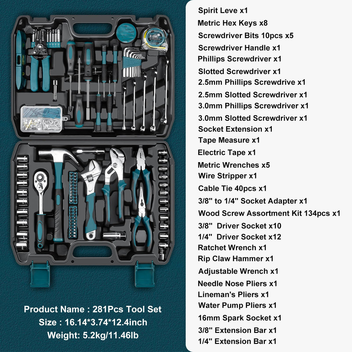 Sundpey Home Tool Kit 281-PCs - Portable Complete Basic Repair General Hand Tool Sets for Men Women - Full Tool Set with Socket Wrench Set & Screwdriver Set & Metric Hex Key & Pliers & Tool Box Case Sundpey