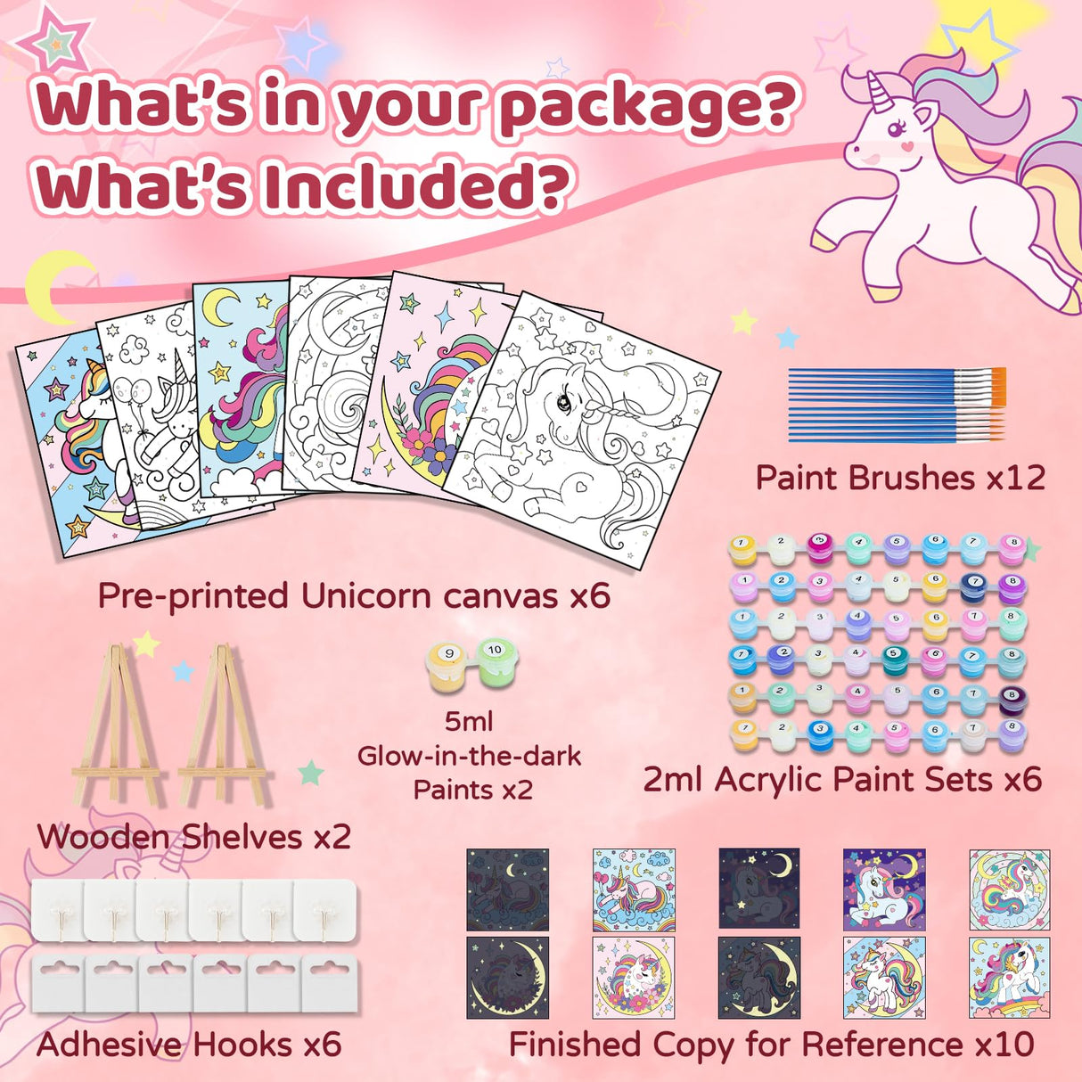 6 Pack Glow in The Dark Unicorn Paint by Numbers for Kids - Predrawn Canvas Arts and Crafts with 50 Paints,12 Brushes 2 Easels, DIY Acrylic Oil Painting Kits for Boys Girls Beginners, Home Wall Decor Craft Spot!