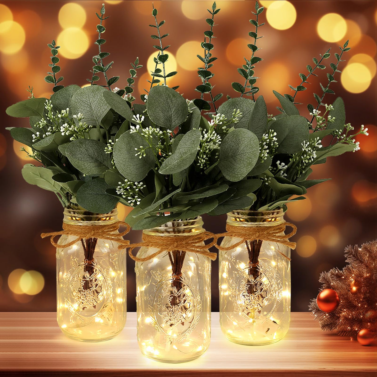 Lighted Mason Jar Centerpiece Set of 3 Eucalyptus Plant Decorative Jars Vase Farmhouse Table Decorations for Home Living Dining Room Wedding Christmas Thanksgiving Party ysnn