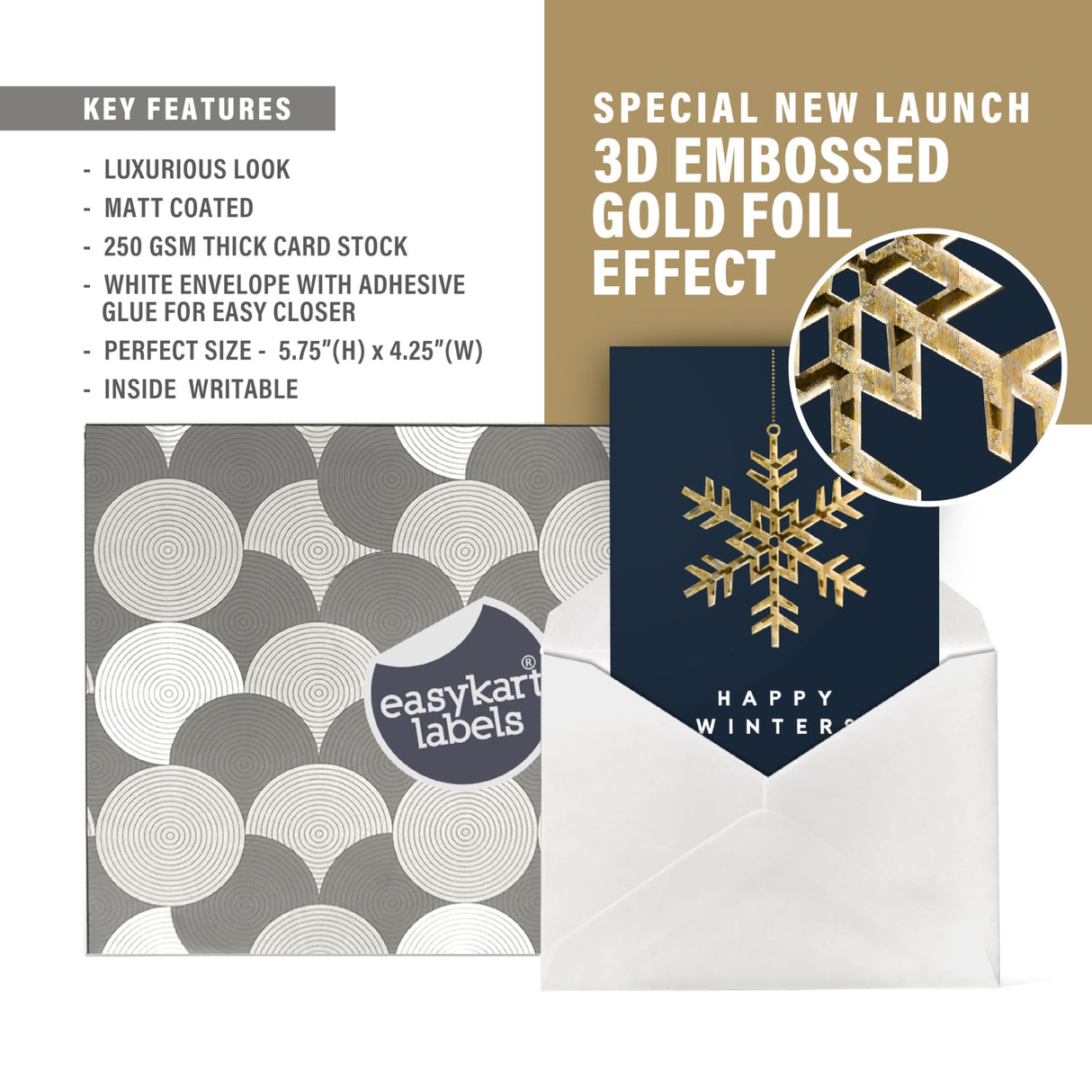 easykart labels 18 Christmas Greeting Card Assortment With Envelopes, Gold Foil With 3D Embossing Effect Design, 5.75 x 4.25 Inch easykart labels